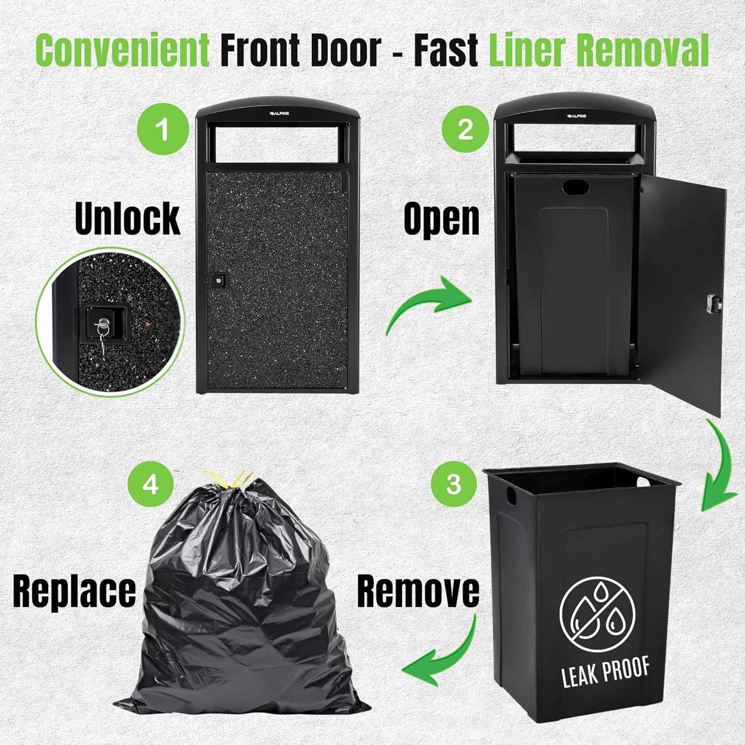 Alpine Industries Rugged 55-Gallon All Weather Trash Container with Door - Grey Stone Panels