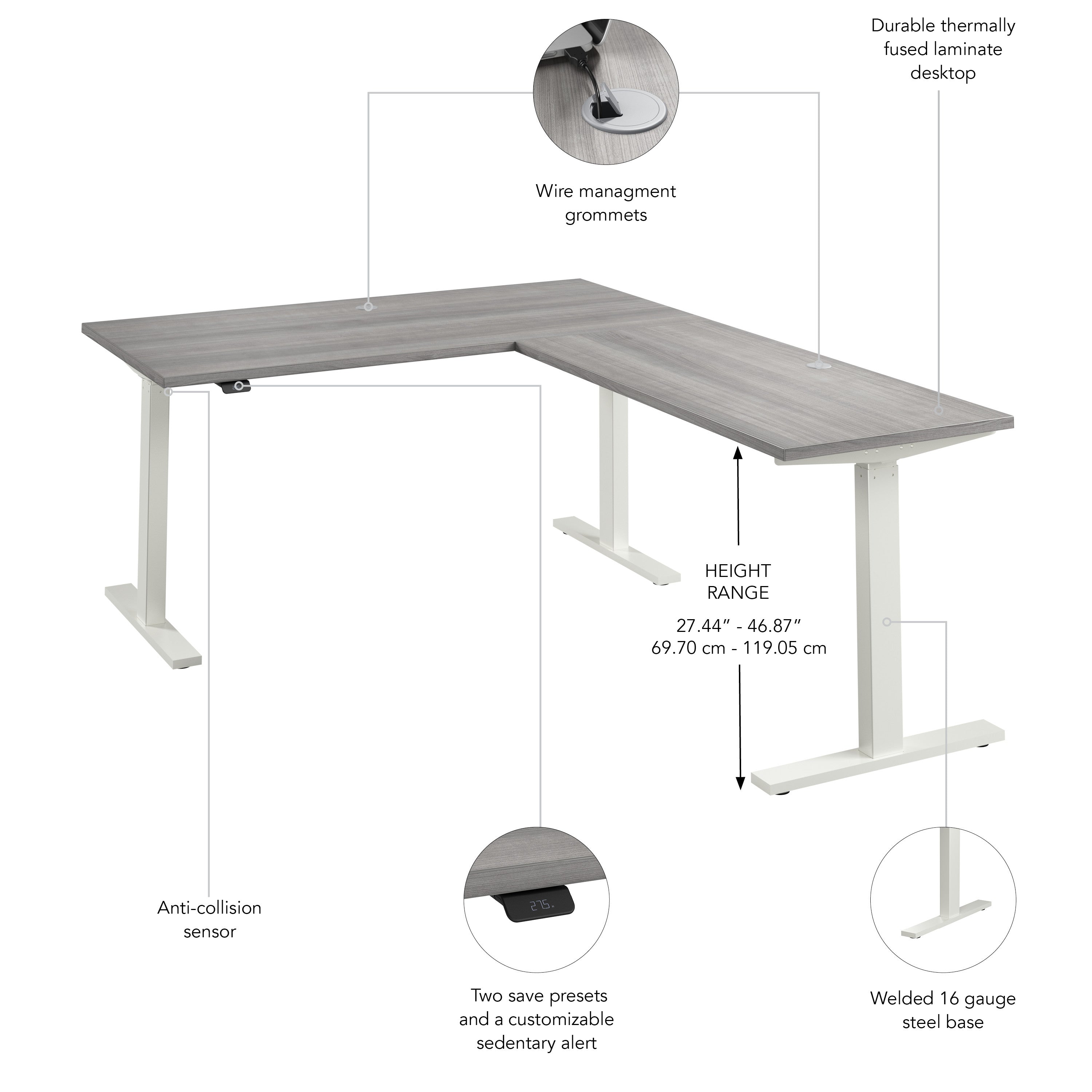 Bush Business Furniture Move 60 Series 60W Height Adjustable L Shaped Standing Desk in Platinum Gray with White Base - 59.45" Width x 76.97" Depth x 27.44" Height