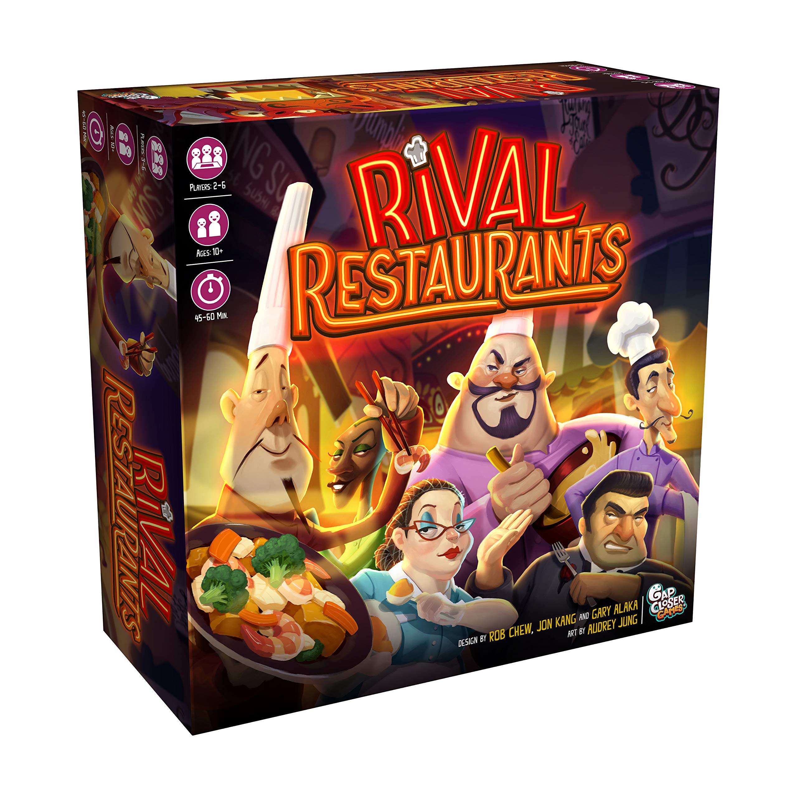 Rival Restaurants by Gap Closer Games | Strategy Board Game | 2 to 6 Players | Ages 10+ | 45+ Minutes | Unique Chefs, Upgradable Restaurants & Recipe Cooking