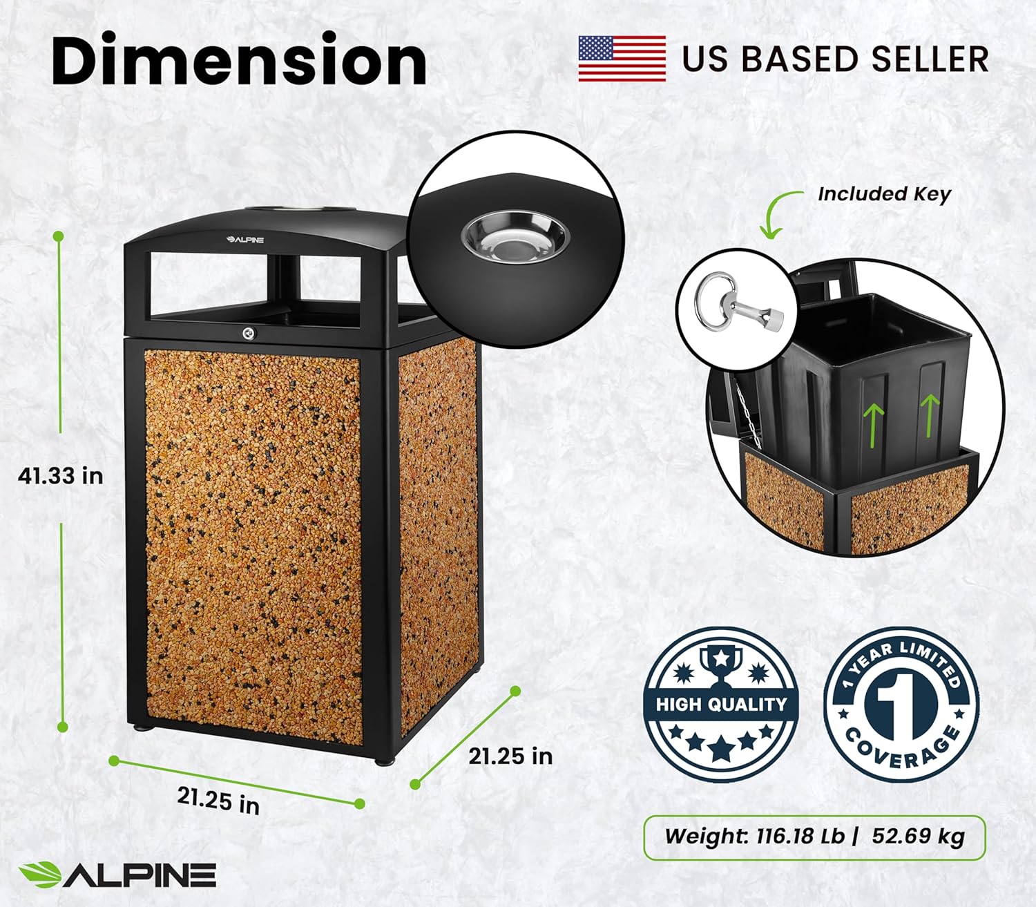 Alpine Industries 40 Gal. Stone Steel All-Weather Panel Outdoor Commercial Trash Can with Ash Tray Lid 2 Pack