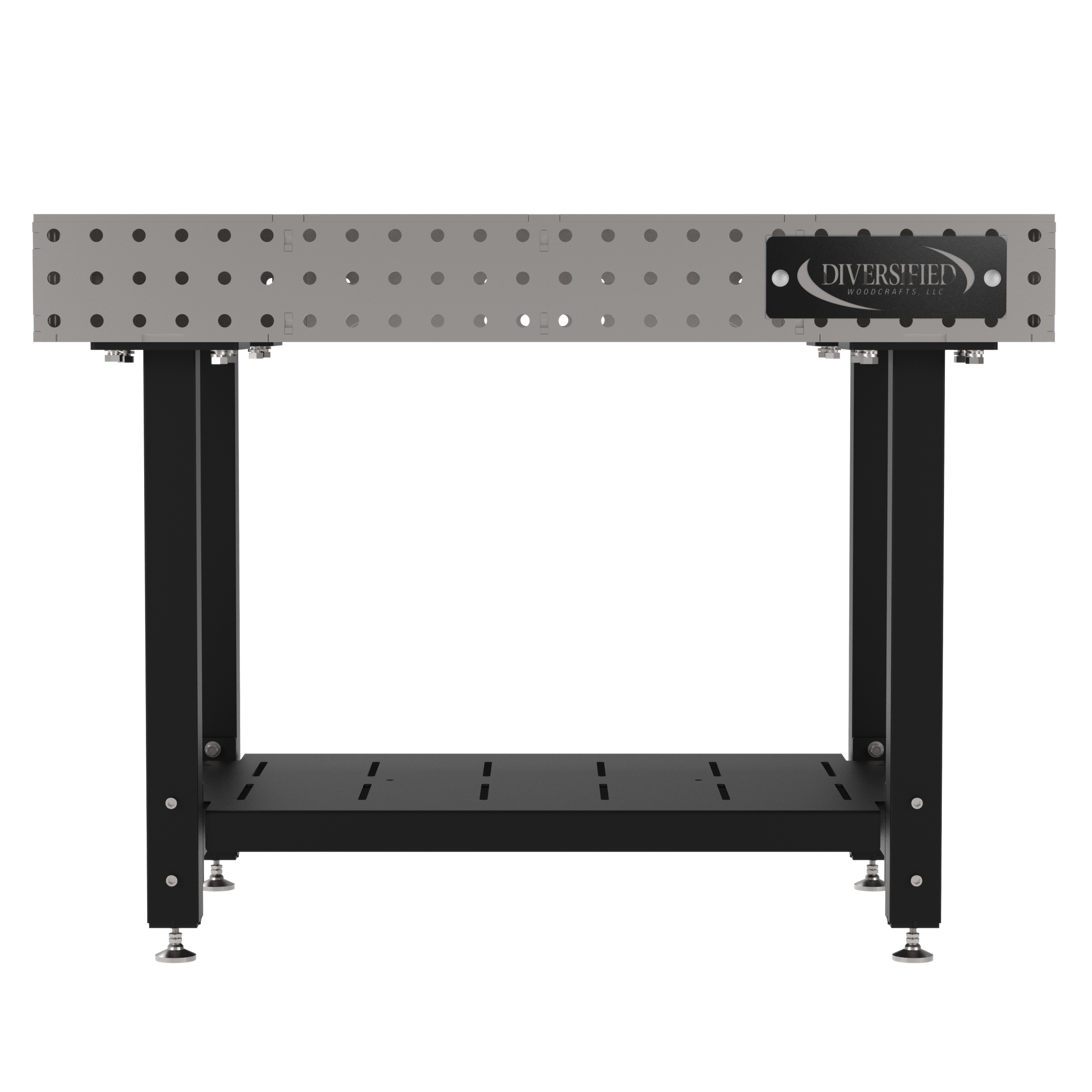 Welding Fixture Table, Fixed Height, 36"H x 48"L x 30"D, 1/4" Carbon Steel Top, Four Black Powdercoat Legs, Shelf, Self-Leveling Feet