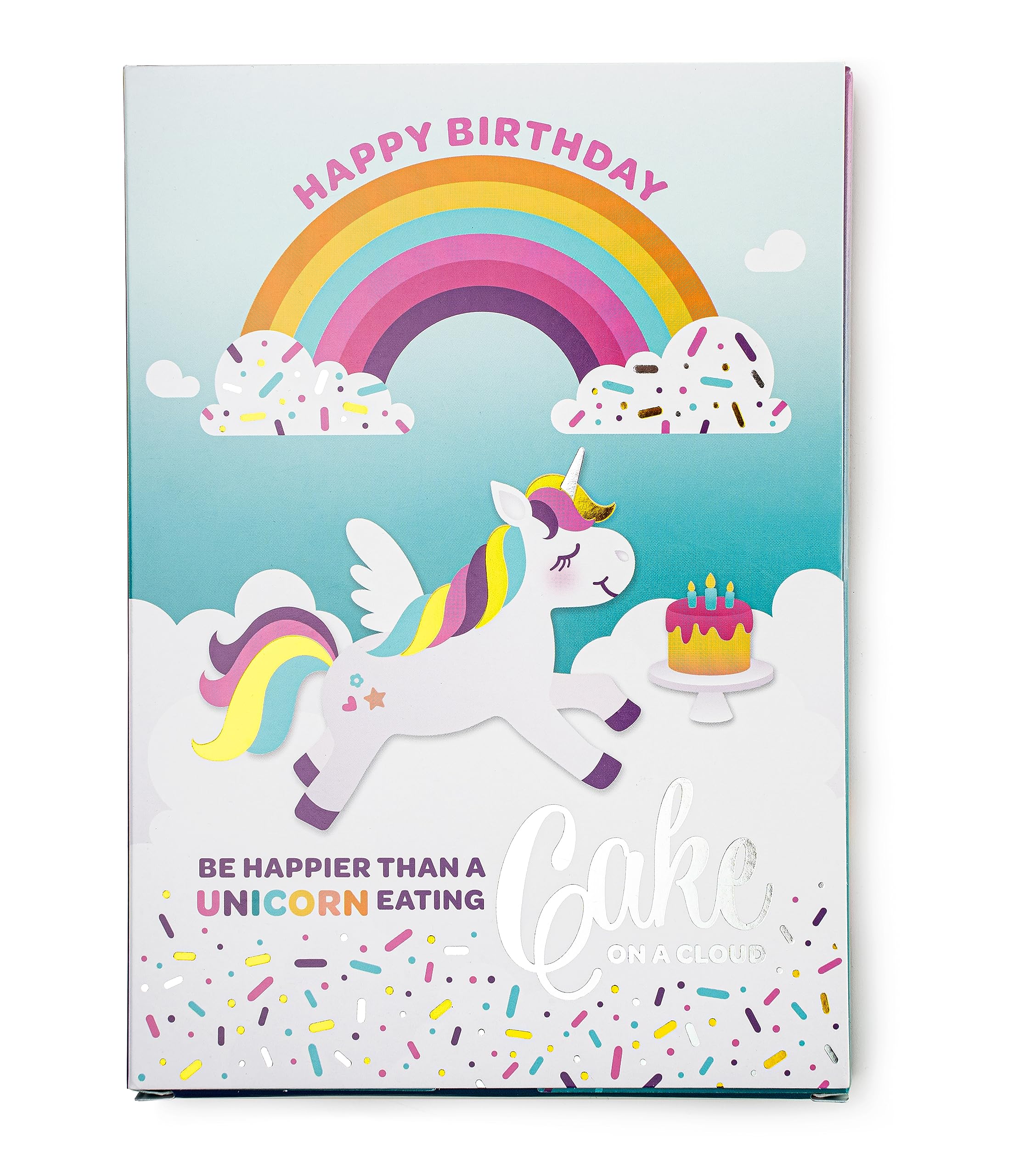 InstaCake Cards Be Happier than a unicorn eating cake in a cloud Happy Birthday Card includes Single Serve Mug Cake Vanilla Unicorn Sprinkle Mix