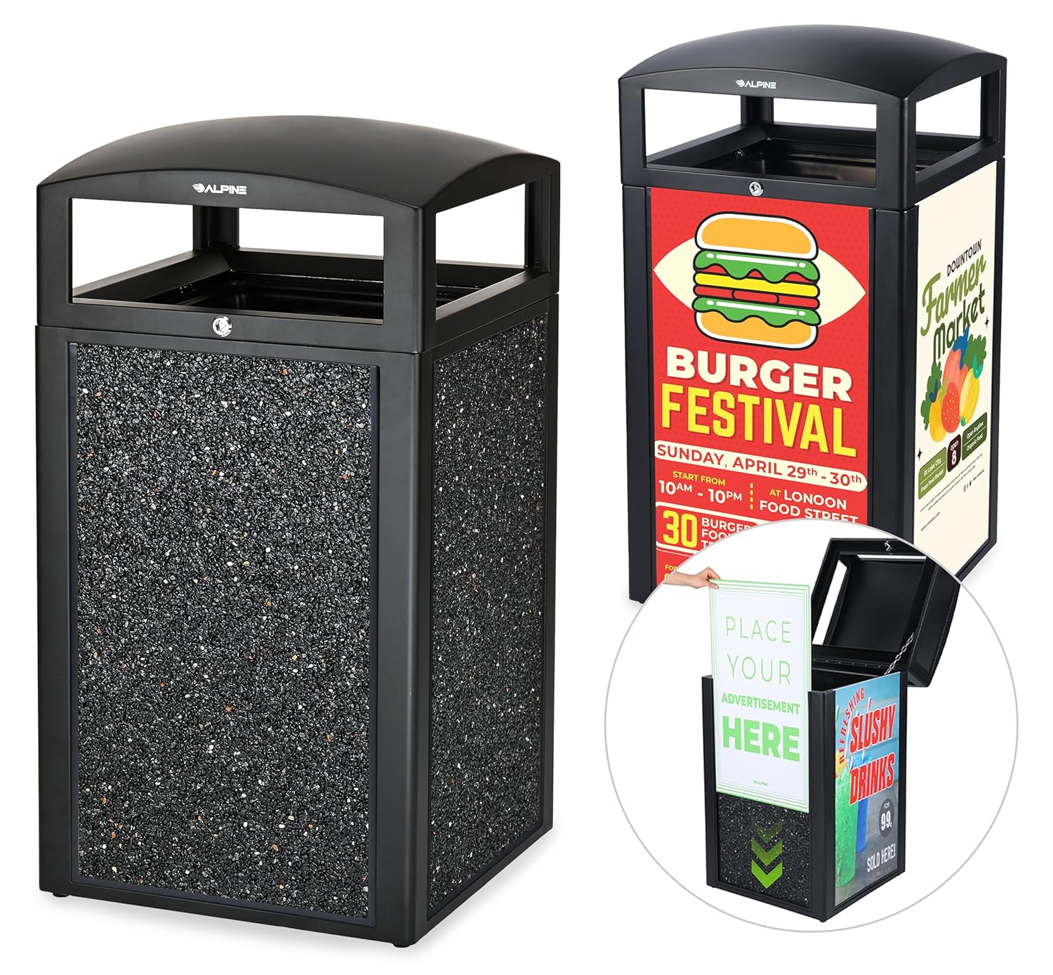 Rugged 40 Gallon All Weather Trash Container, With Advertisement Panels, Grey Stone