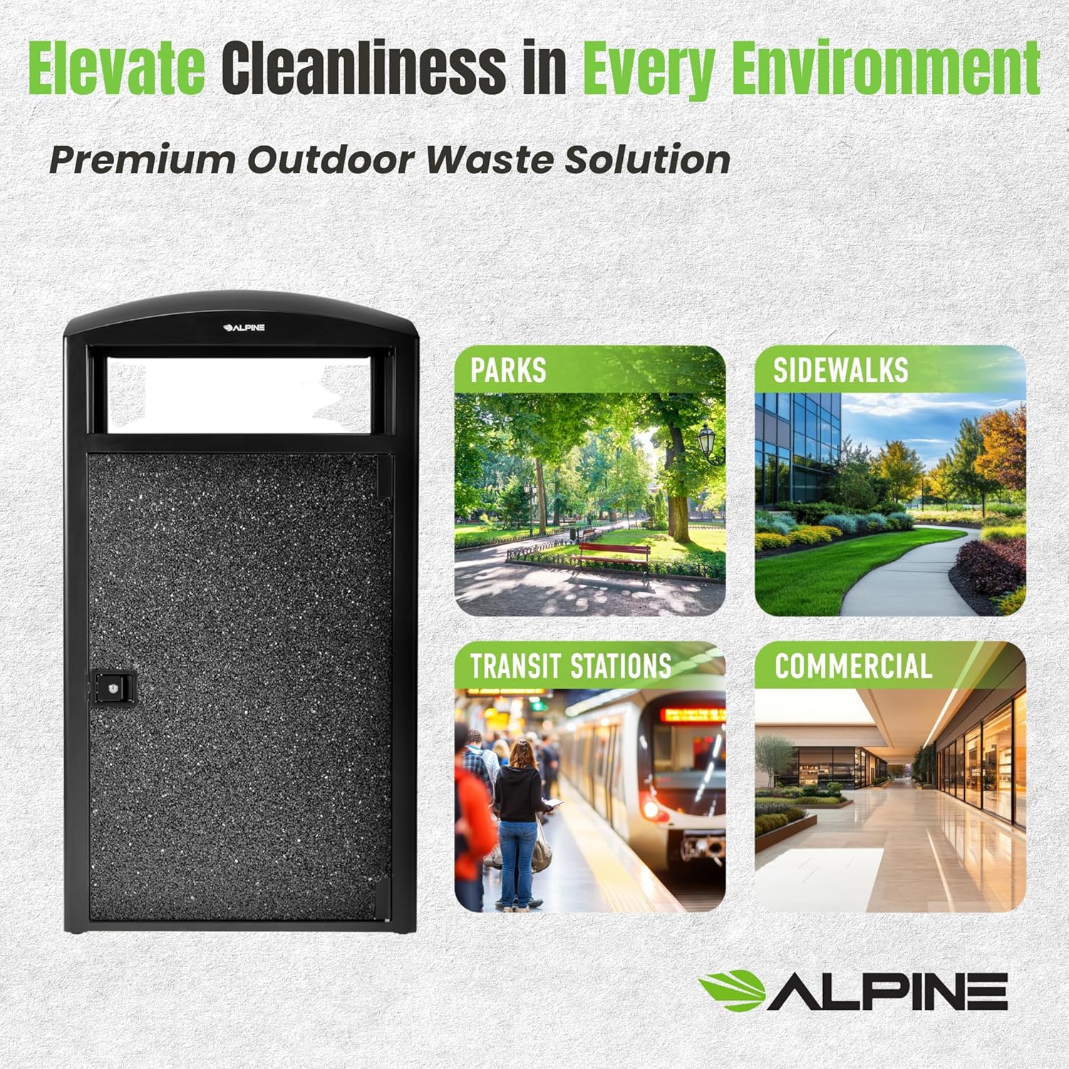 Alpine Industries Rugged 55-Gallon All Weather Trash Container with Door - Grey Stone Panels