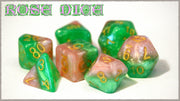 Rose Dice Halfsies Dice - 7 die polyhedral dice Set - Rose Petal Pink & Thorn Green - Gold Numbering