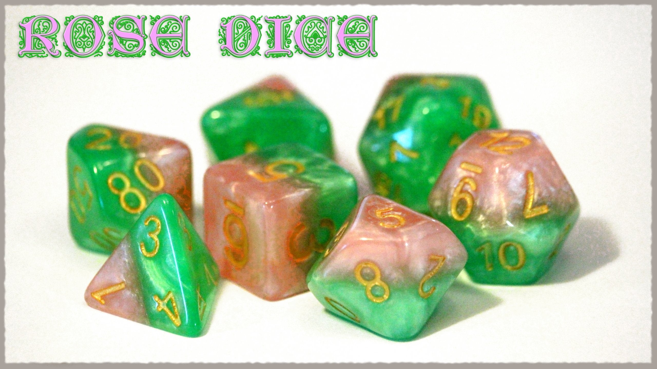 Rose Dice Halfsies Dice - 7 die polyhedral dice Set - Rose Petal Pink & Thorn Green - Gold Numbering