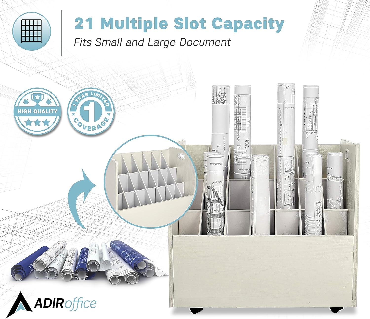 21-Slot White Mobile Rolling Wood Blueprint Roll File Large Document Organizer 2 Pack