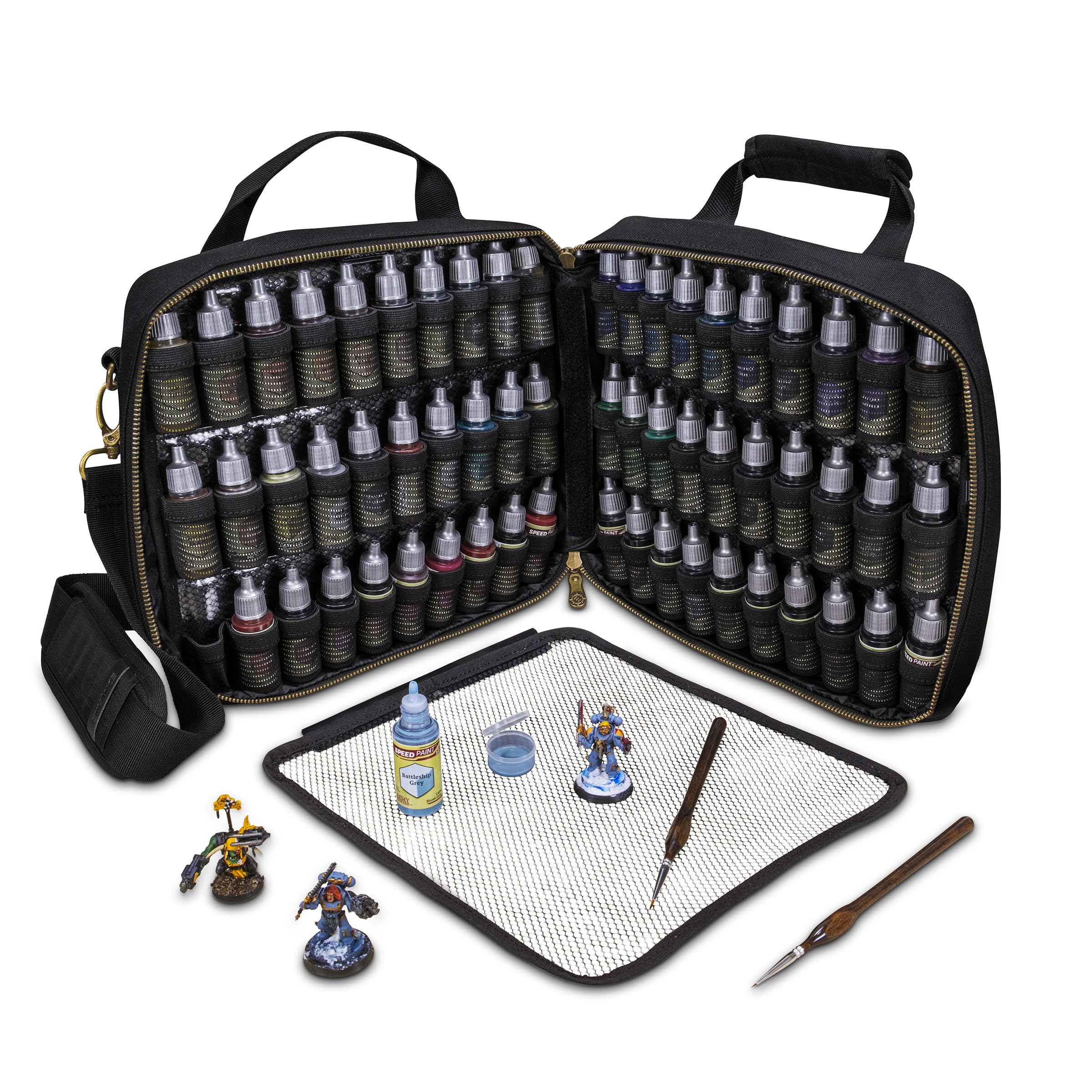 ENHANCE Miniature Paint Carrying Case - Painting Case with Slots for 60 Paints, 16 Paint Brushes - Paint Organizer Case with Gallery Display for Paints, Removable Paint Pad, Wrist Strap