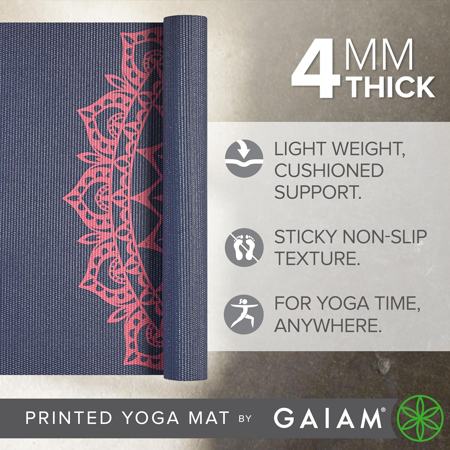 Gaiam Print Yoga Mat, Non Slip Exercise & Fitness Mat for All Types of Yoga, Pilates & Floor Exercises - Pink Marrakesh