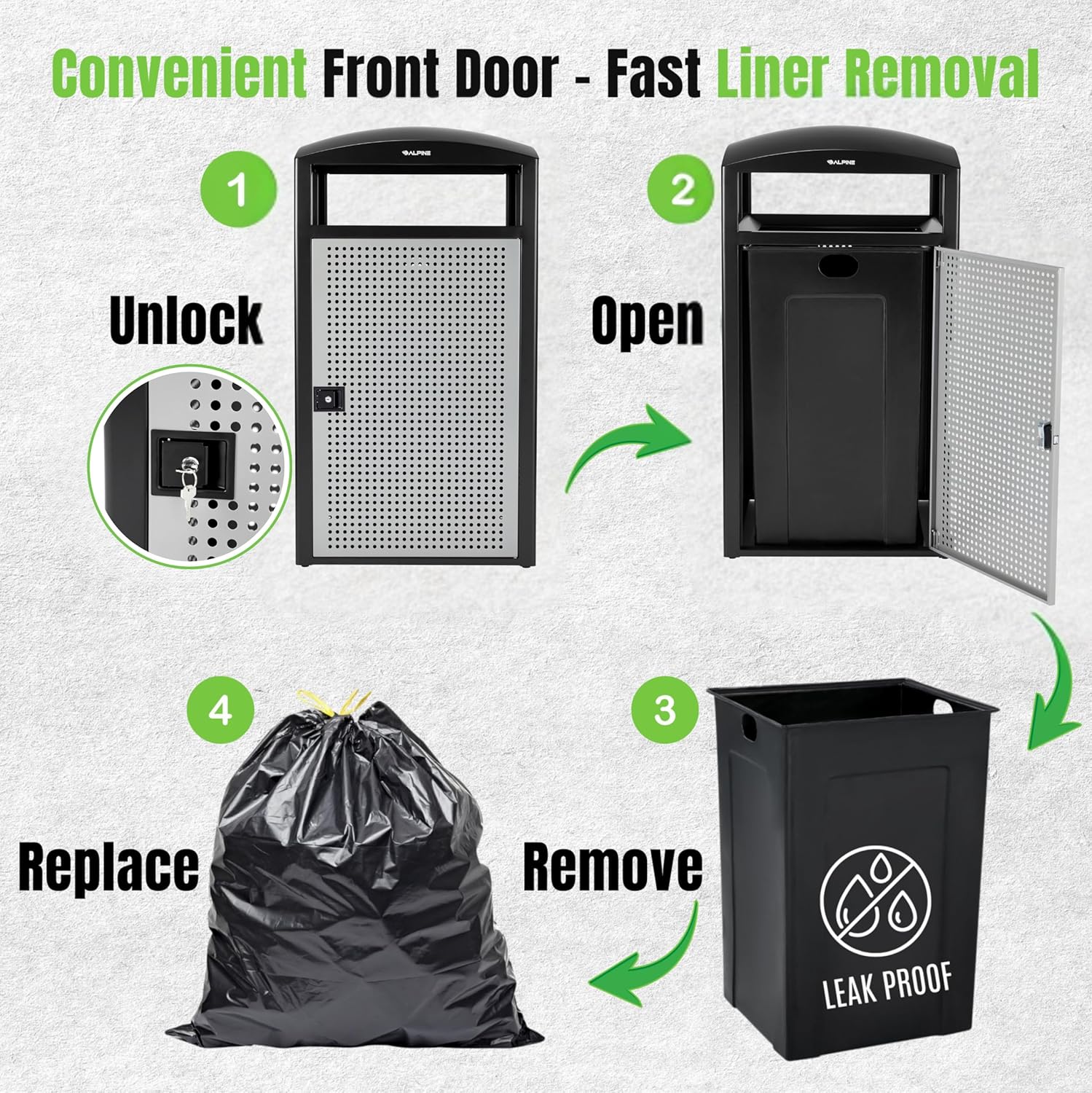 Alpine Industries Rugged 55-Gallon All Weather Trash Container with Door - Steel Panels