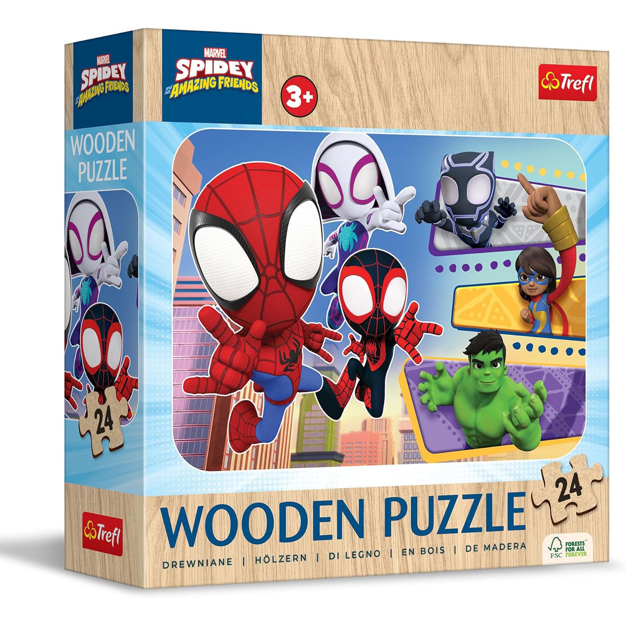 Trefl Marvel, Spidey and His Amazing Friends, Spiday and His Extraordinary Friends-24 Pieces, Wooden Puzzle, Rounded Edges, Pattern on The Back, for Children from 3 Years, 20274, Multicolour