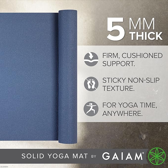 Gaiam Yoga Mat - Premium 5mm Solid Thick Non Slip Exercise & Fitness Mat for All Types of Yoga, Pilates & Floor Workouts (68" x 24" x 5mm) - High Tide