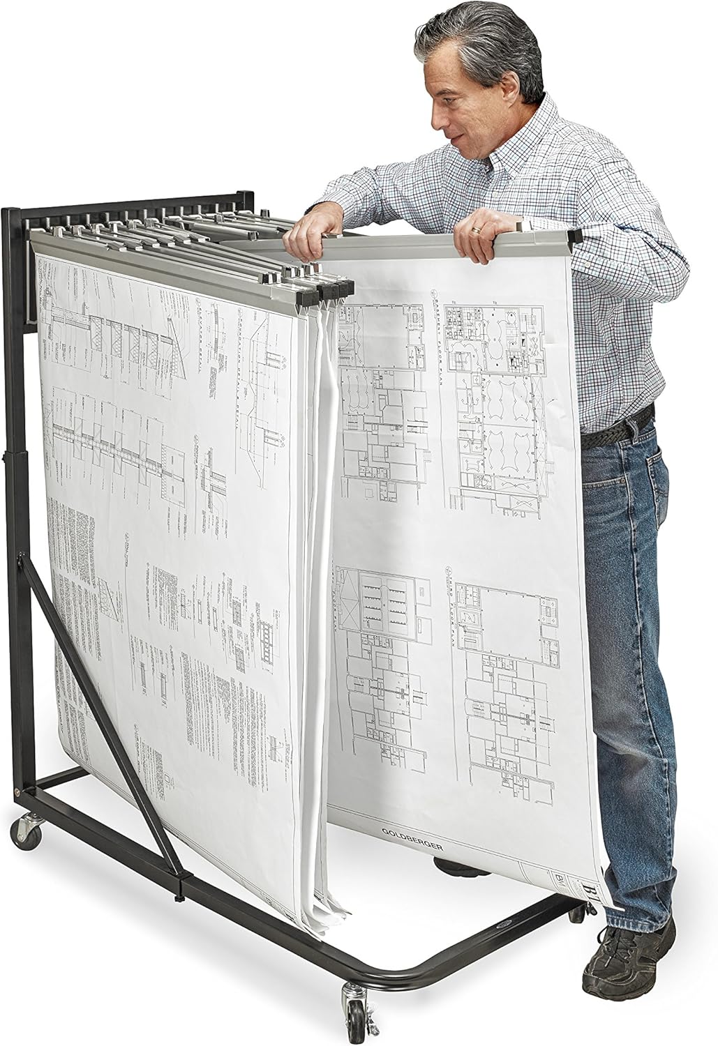 AdirOffice Black Steel Vertical File Blueprint Rolling Stand with 30 inch Hanging Clamps