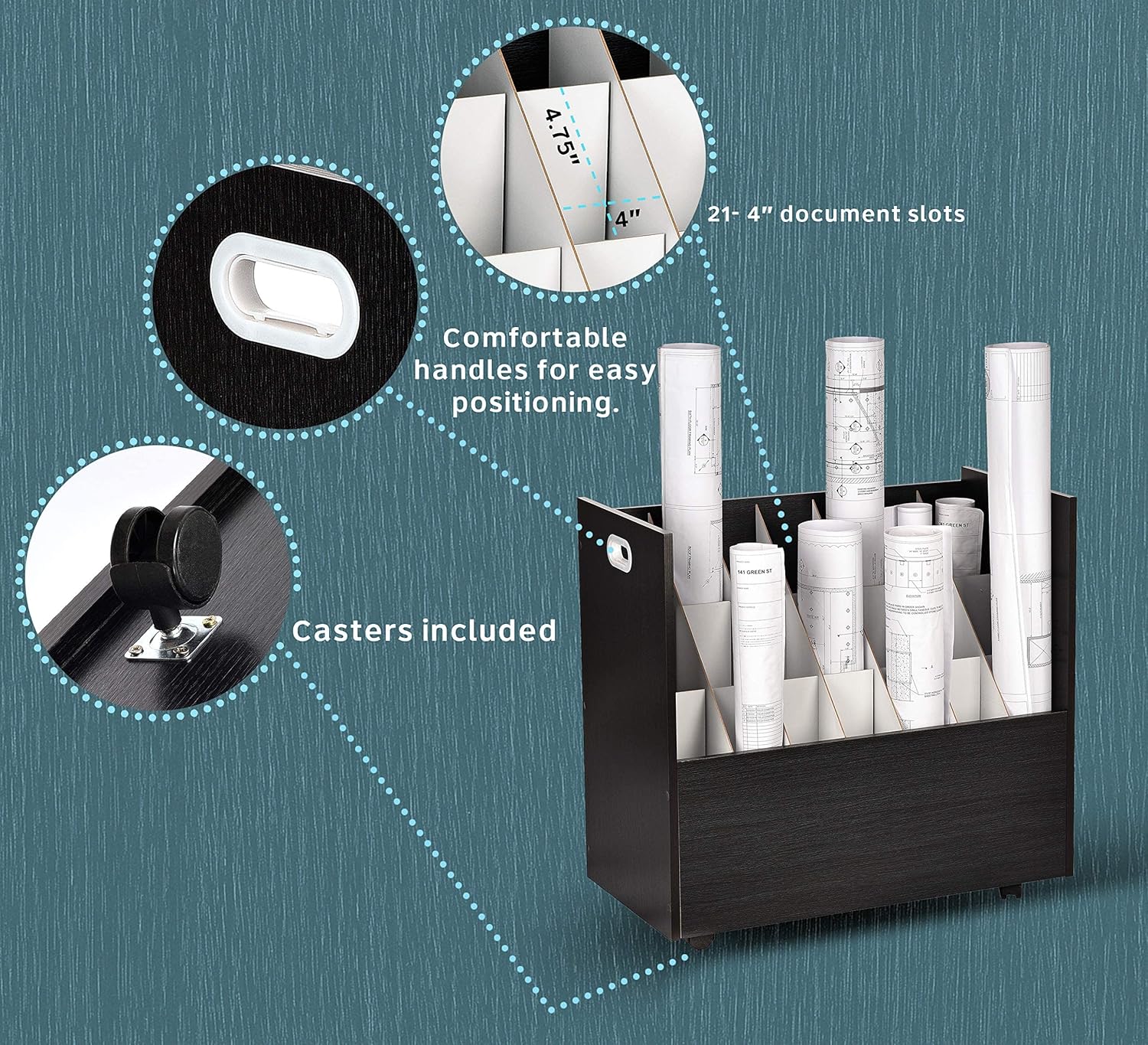 21-Slot Black Mobile Rolling Wood Blueprint Roll File Large Document Organizer 2 Pack