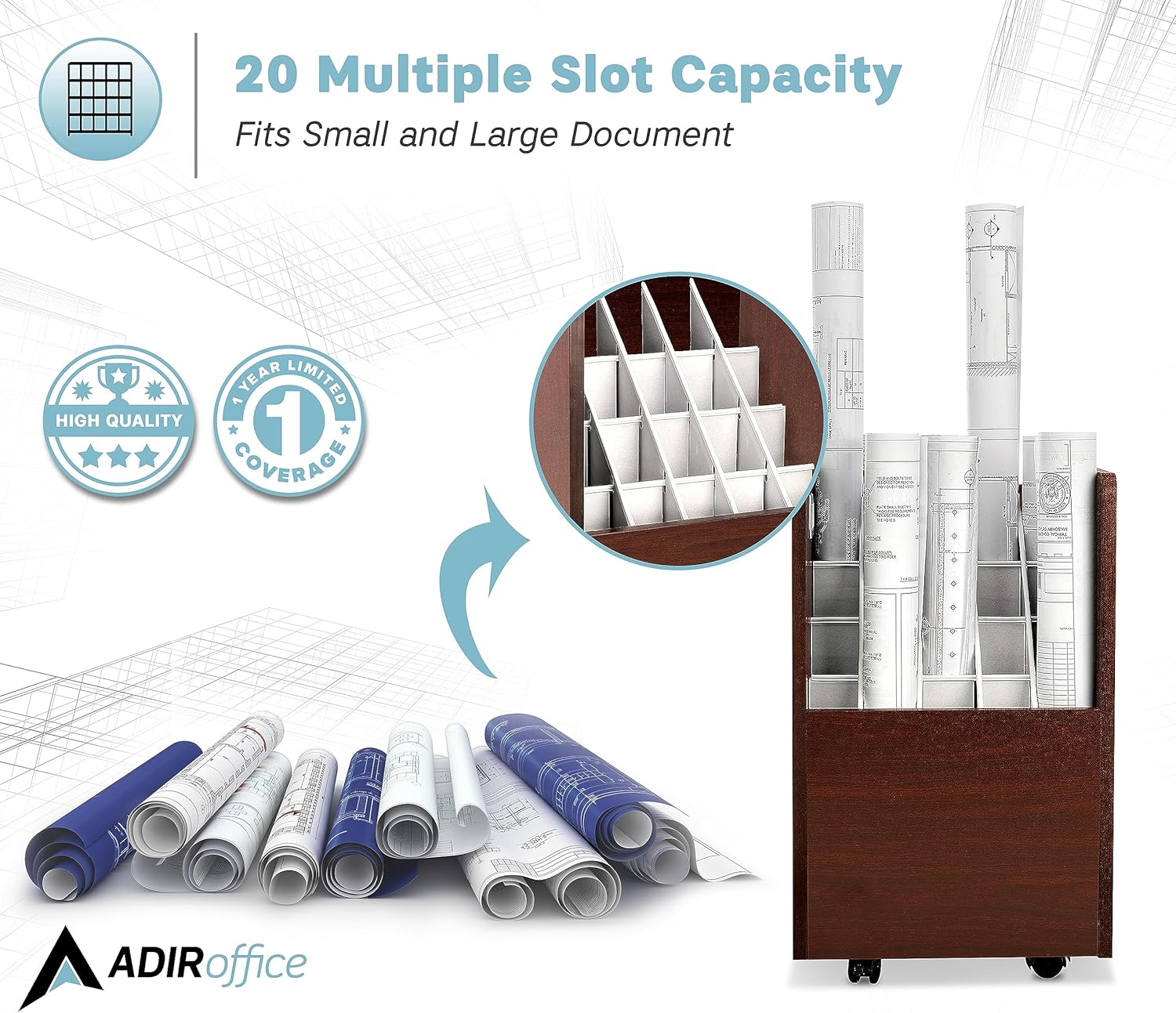 20-Slot Mobile Rolling Wood Blueprint Roll File Large Document Organizer