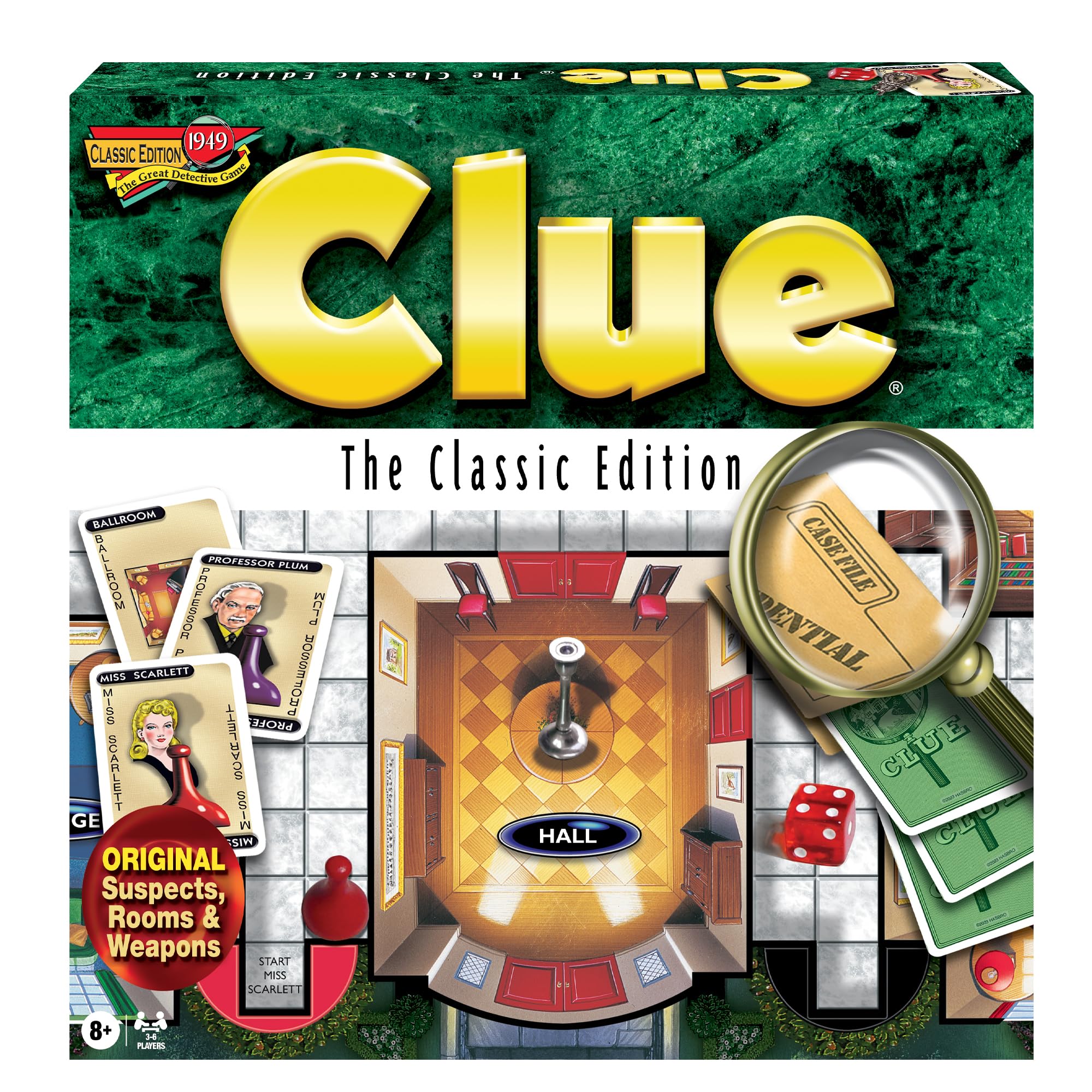 Clue Classic with 1949 Card Artwork & Suspects, by Winning Moves Games USA, Original Whodunnit Murder Mystery Game with Metal Weapons for 3to 6 Players, Ages 8 and up