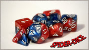Spider Dice Halfsies Dice - 7 die polyhedral dice Set - Spider Red & Heroic Blue - Rare White Numbering