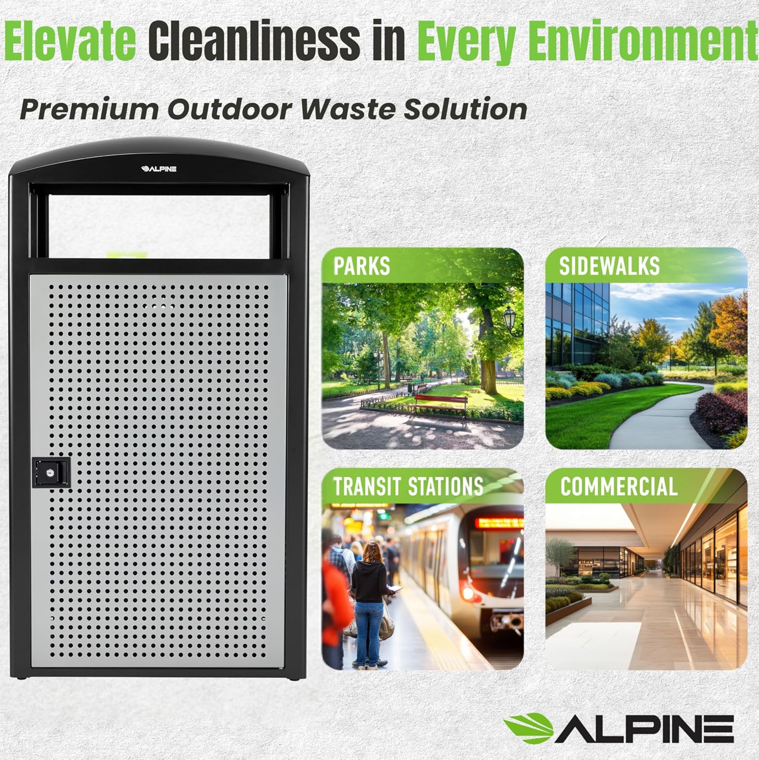Alpine Industries Rugged 55-Gallon All Weather Trash Container with Door - Steel Panels