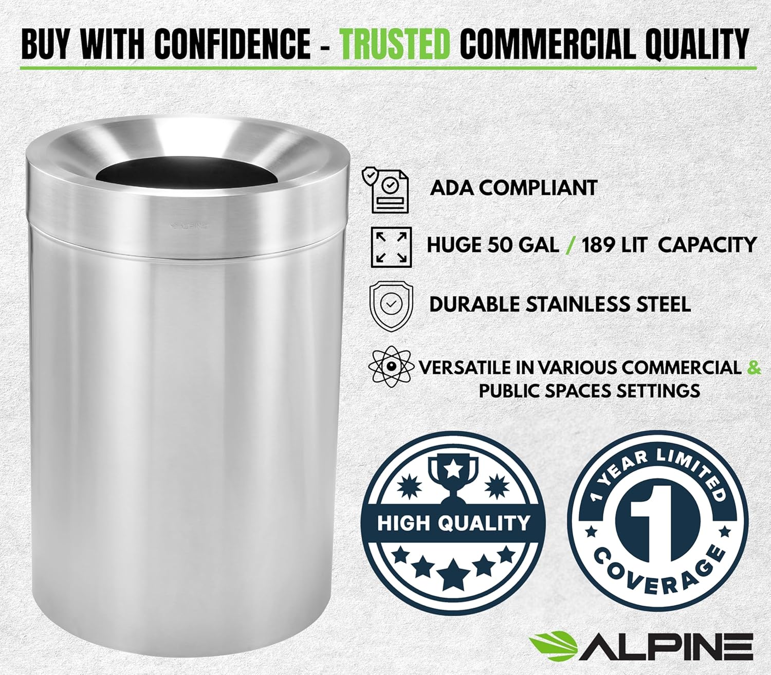 50 Gallon Stainless Steel Indoor Trash Can