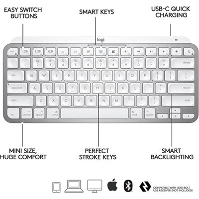 Logitech MX Keys Mini for Mac Minimalist Wireless Illuminated Keyboard, Bluetooth, Backlit Keys, USB-C, Metal Build, Pale Grey