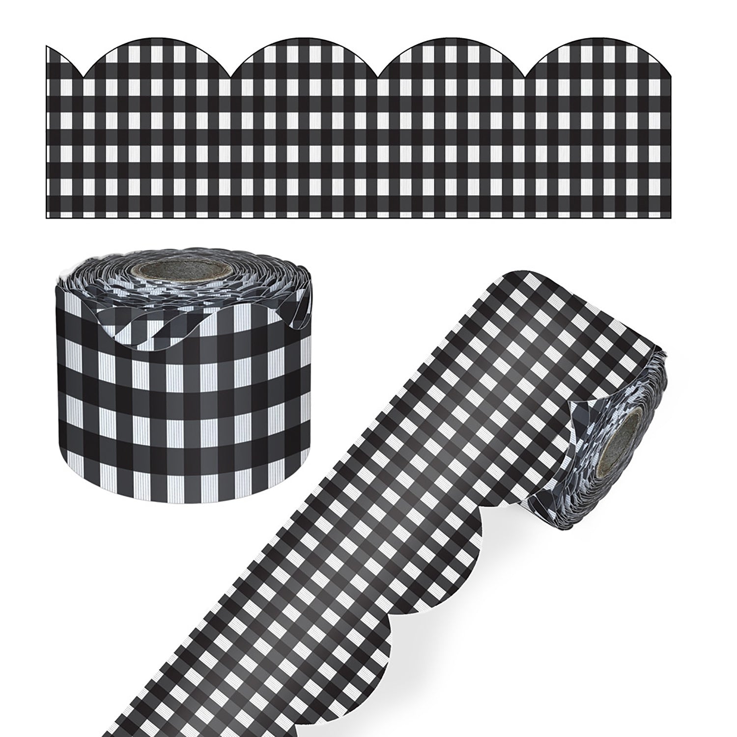 Black Gingham Rolled Scalloped Borders, 65 Feet