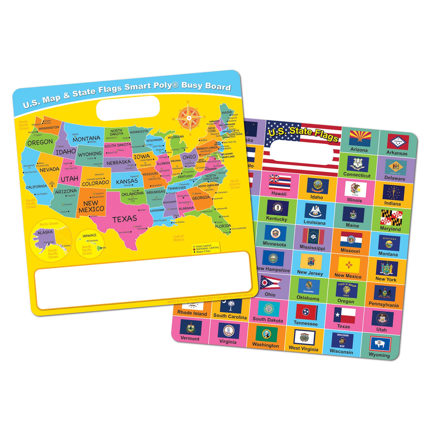 Smart Poly® Educational Activity Busy Board, Dry Erase with Marker, 10-3/4" x 10-3/4", US Map/ State Flags
