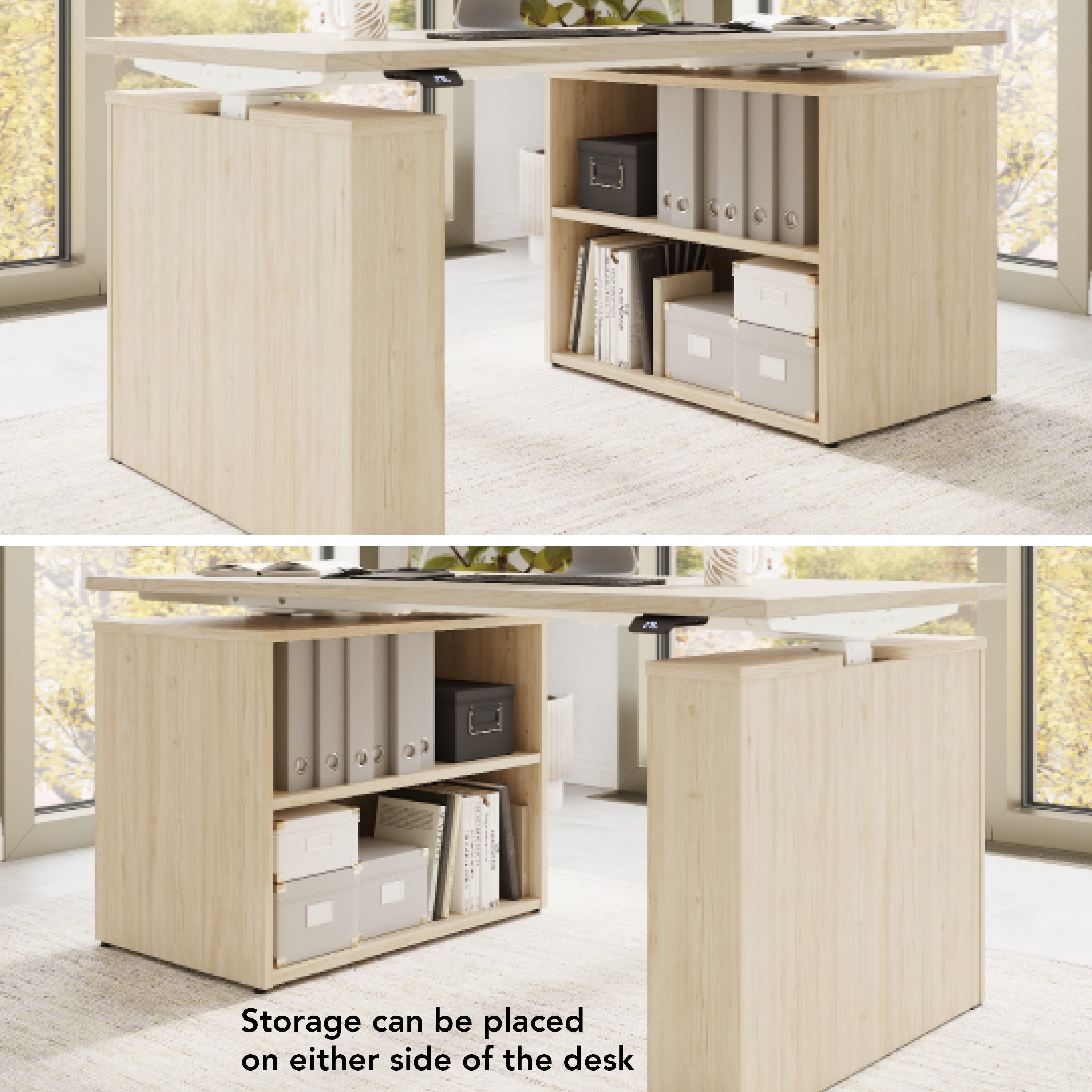 Bush Business Furniture Stratus&nbsp;60W x&nbsp;30D Electric Height Adjustable Standing Desk with Bookcase in Natural Elm with White Base - 59.45" Width x 29.37" Depth x 27.44" Height