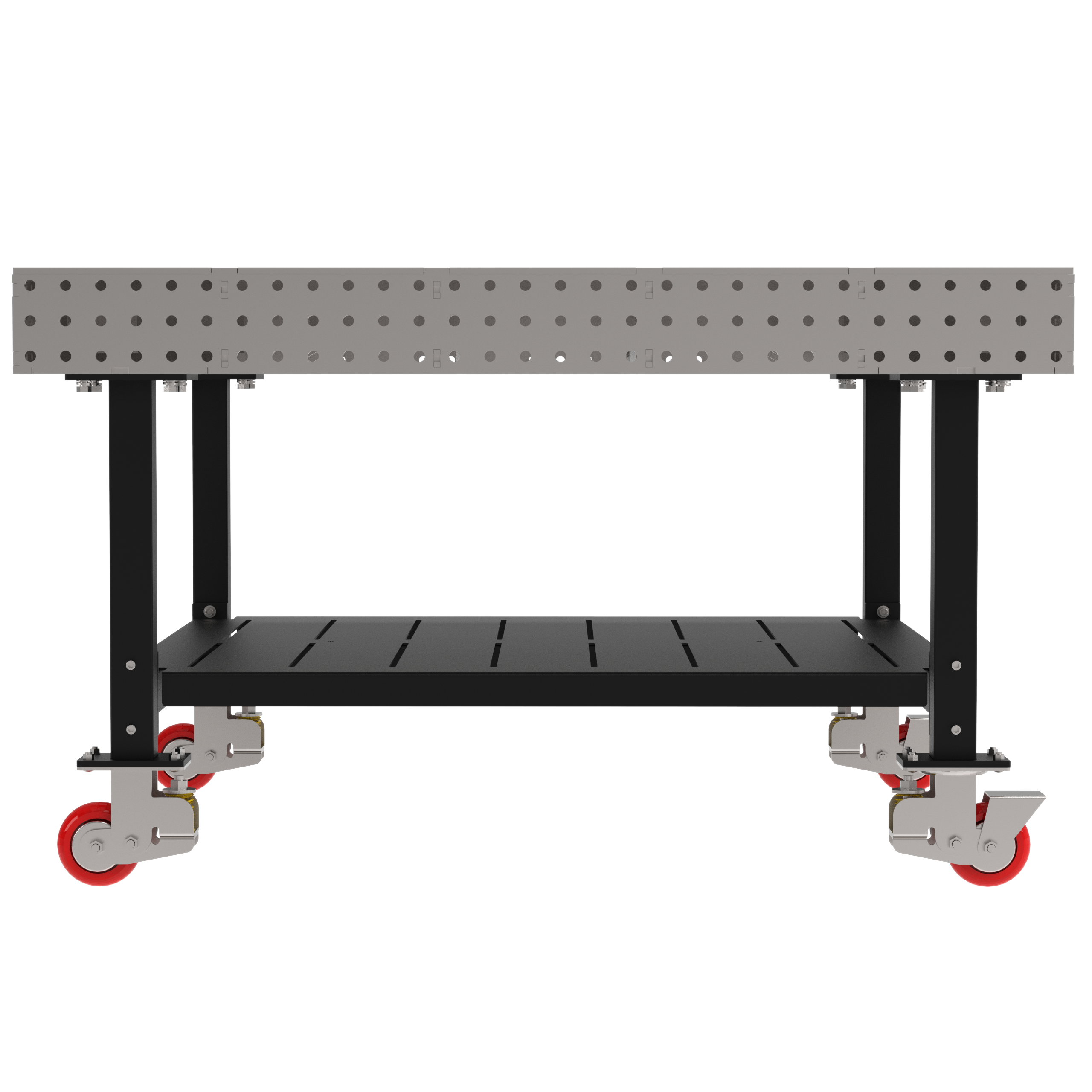 Welding Fixture Table, Fixed Height, 36"H x 60"L x 60"D, 1/4" Carbon Steel Top, Four Black Powdercoat Legs, Shelf, 4 Heavy Duty Suspension Casters (2 Locking/Swiveling Casters and 2 Non-Locking/Non-SwivelingCasters)