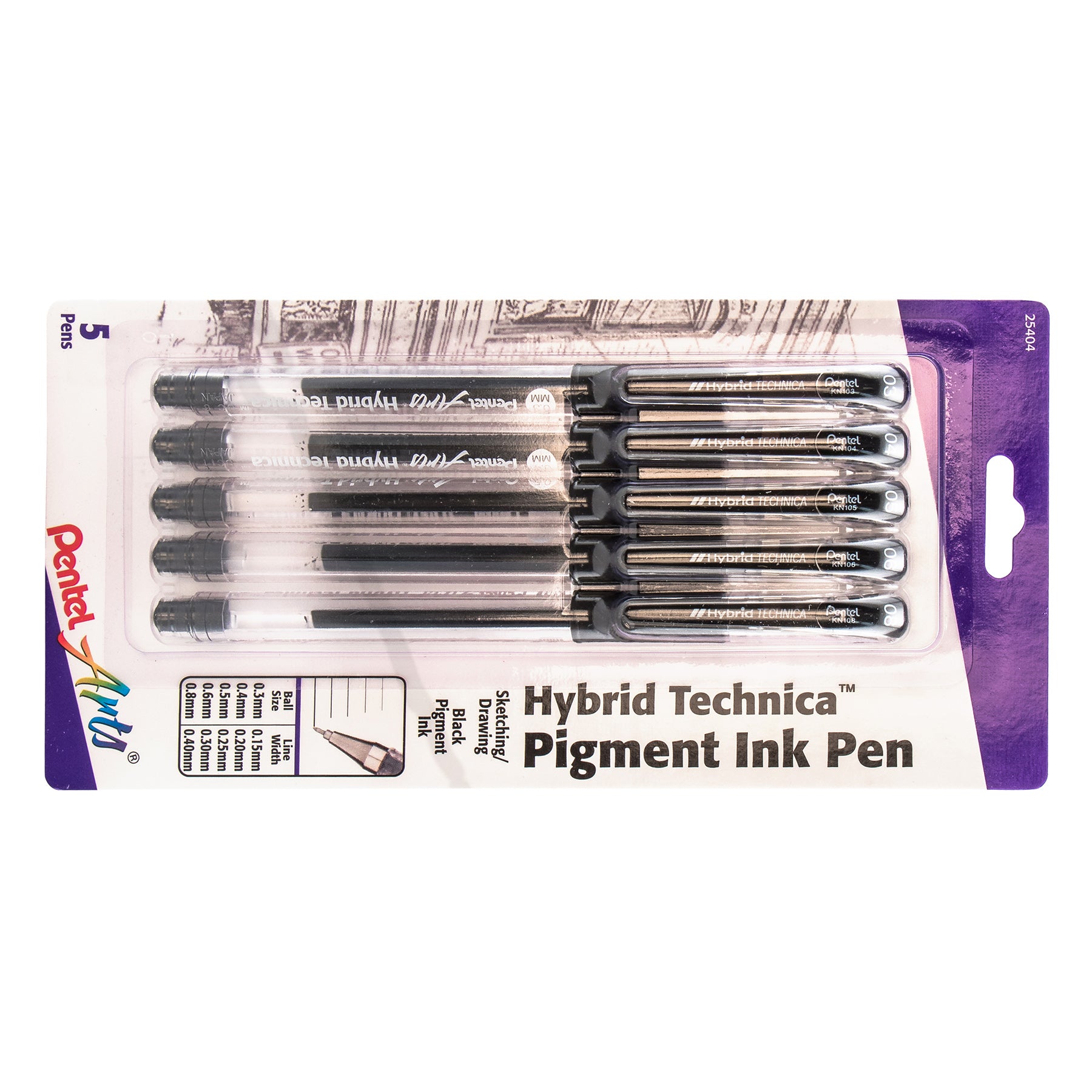 Hybrid Technica Gel Pen, Assorted Tip Sizes (0.05, 0.1, 0.3, 0.5, 0.8), Black Ink, 5-Pack