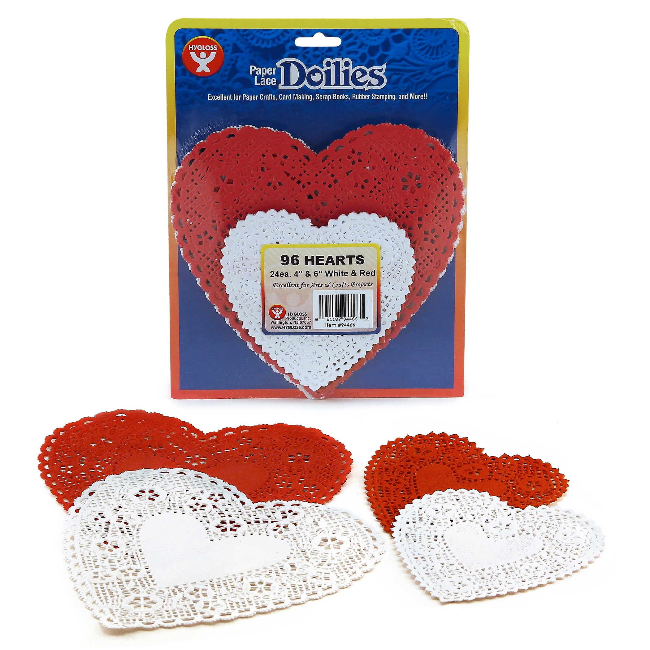 Doilies - Heart, 96 ct., Hearts; 24 ea: 4" & 6" white & red