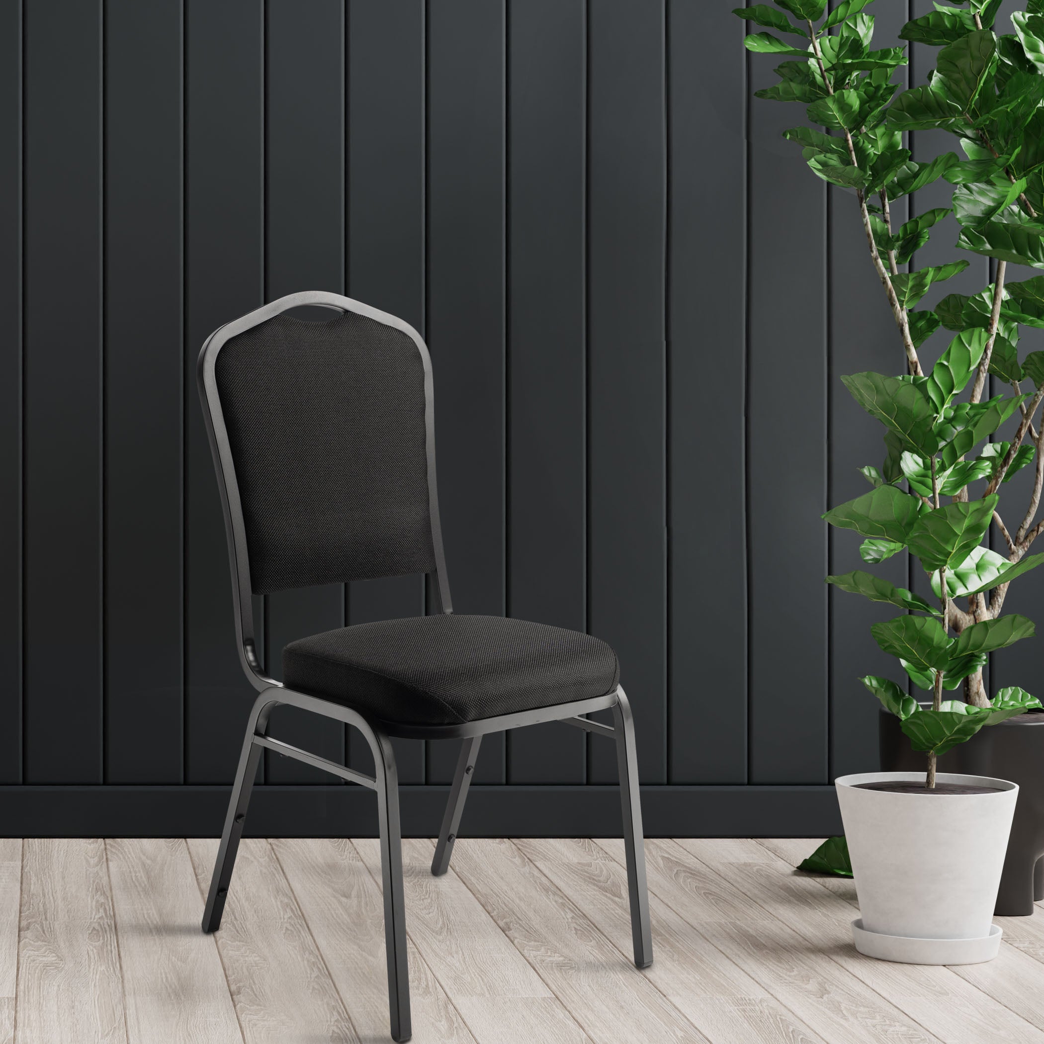 NPS® 9300 Series Deluxe Fabric Upholstered Stack Chair, Surface Color: Ebony Black, Frame Color: Black Sandtex