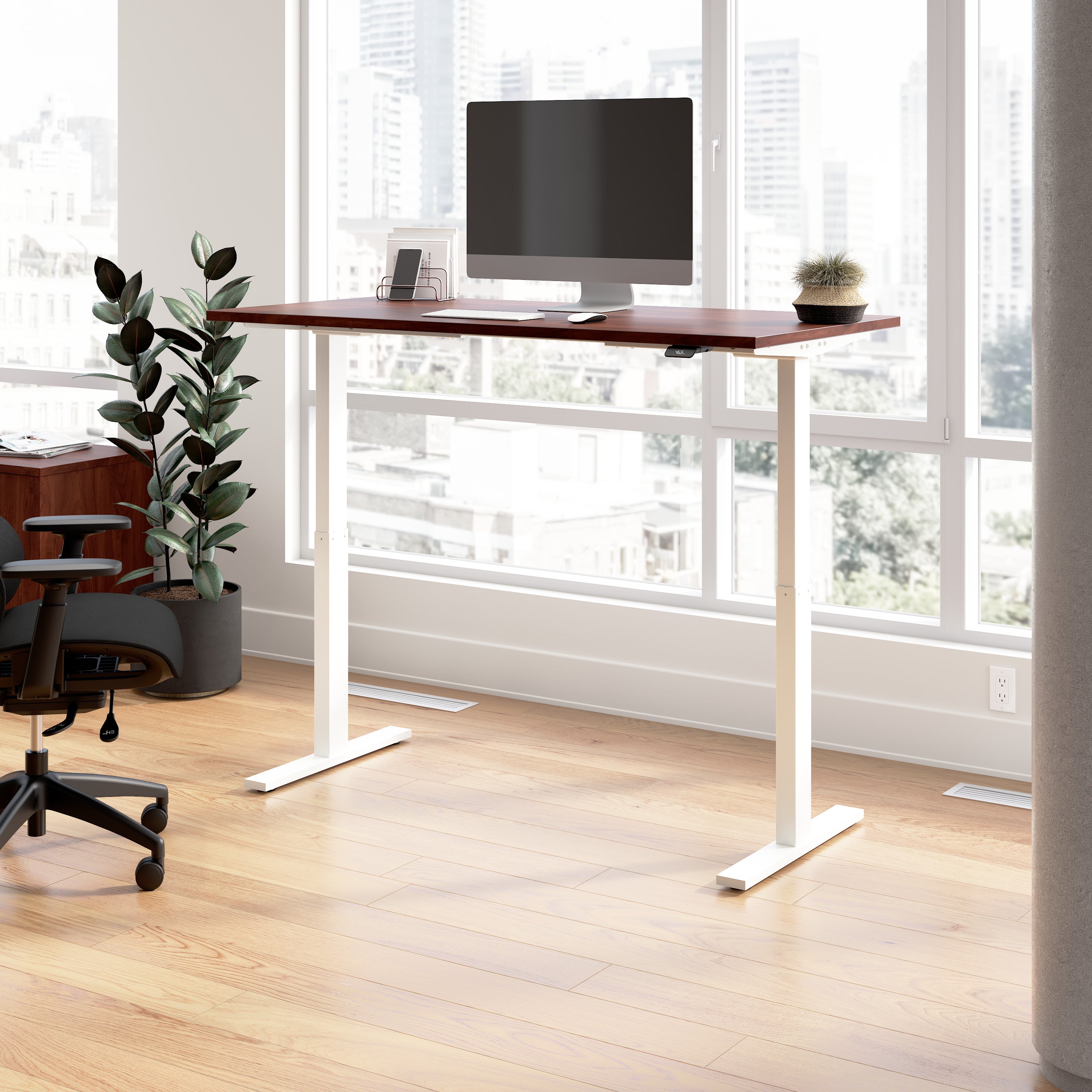 Bush Business Furniture Move 60 Series 60W x 30D Electric Height Adjustable Standing Desk in Hansen Cherry with White Base - 59.45" Width x 29.37" Depth x 27.44" Height