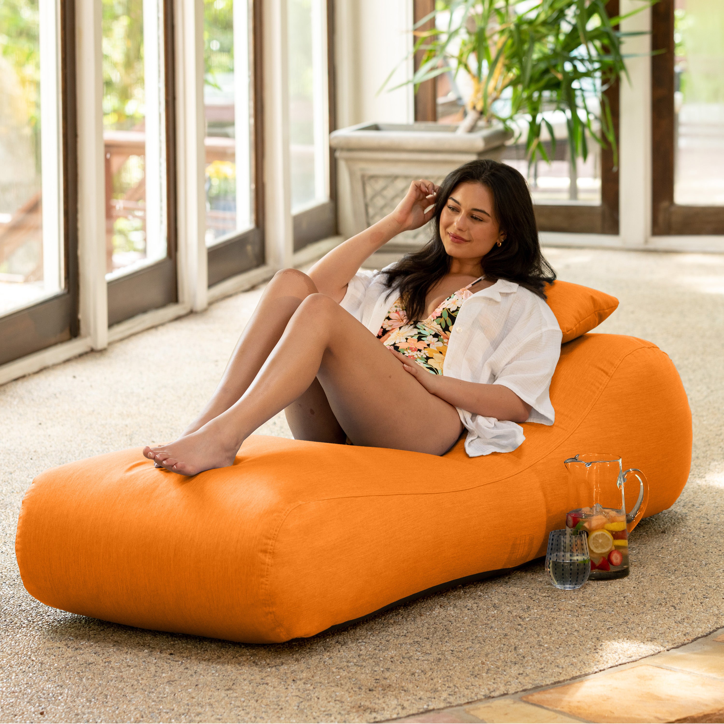 Arlo Outdoor Bean Bag Sun Lounger - Pool and Patio Chaise Recliner, Tangerine