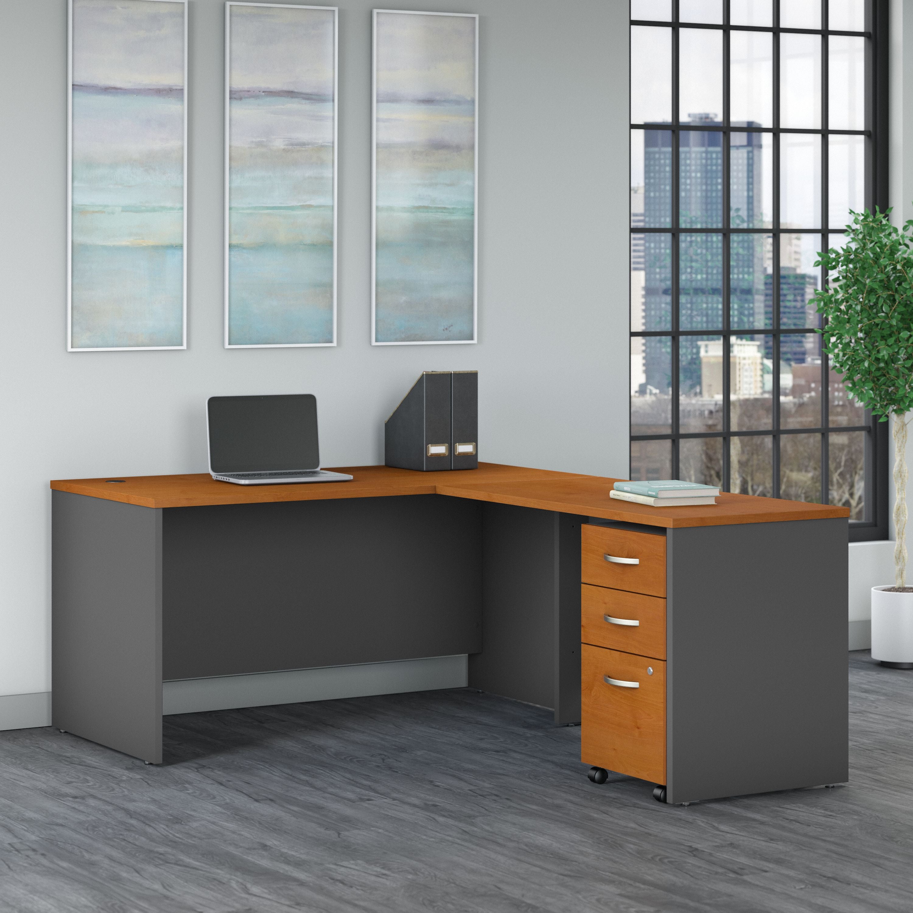 Bush Business Furniture Series C 60W L Shaped Desk with 3 Drawer Mobile File Cabinet in Natural Cherry - 59.45" Width x 77.05" Depth x 29.84" Height
