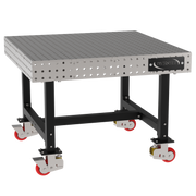 Welding Fixture Table, Fixed Height, 36"H x 48"L x 48"D, 1/4" Carbon Steel Top, Four Black  Powdercoat Legs, 4 Heavy Duty Suspension Casters (2 Locking/Swiveling Casters and 2 Non-Locking/Non-SwivelingCasters)
