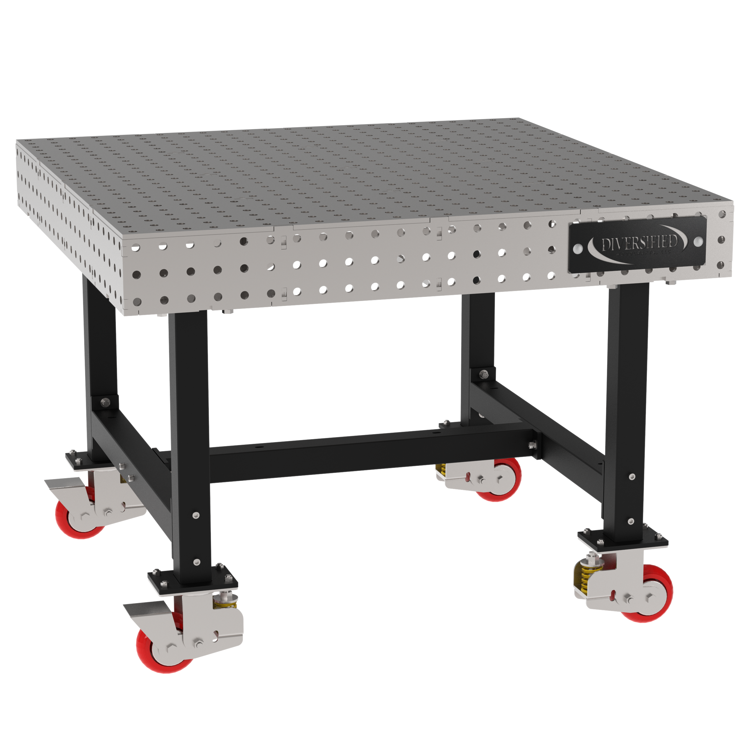 Welding Fixture Table, Fixed Height, 36"H x 48"L x 48"D, 1/4" Carbon Steel Top, Four Black  Powdercoat Legs, 4 Heavy Duty Suspension Casters (2 Locking/Swiveling Casters and 2 Non-Locking/Non-SwivelingCasters)