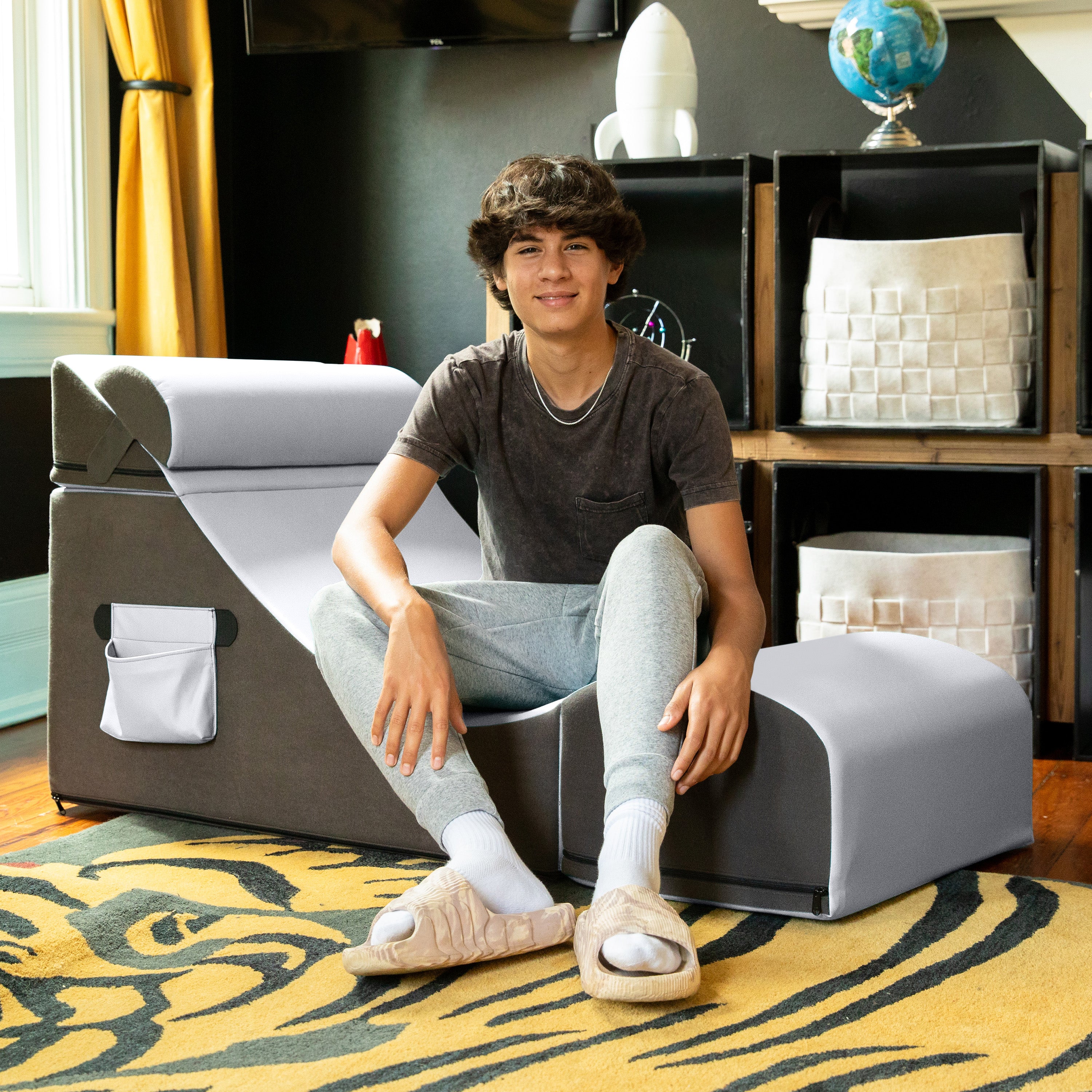 Jaxx Flexx V-Tex Convertible 3 in 1 Gamer Chair, Table, & Ottoman w/ Adjustable Headrest & Pocket - Vinyl Submarine Grey