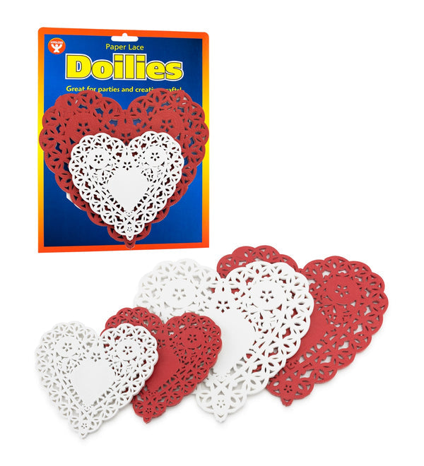 Doilies - Heart, 96 ct., Hearts; 24 ea: 4" & 6" white & red