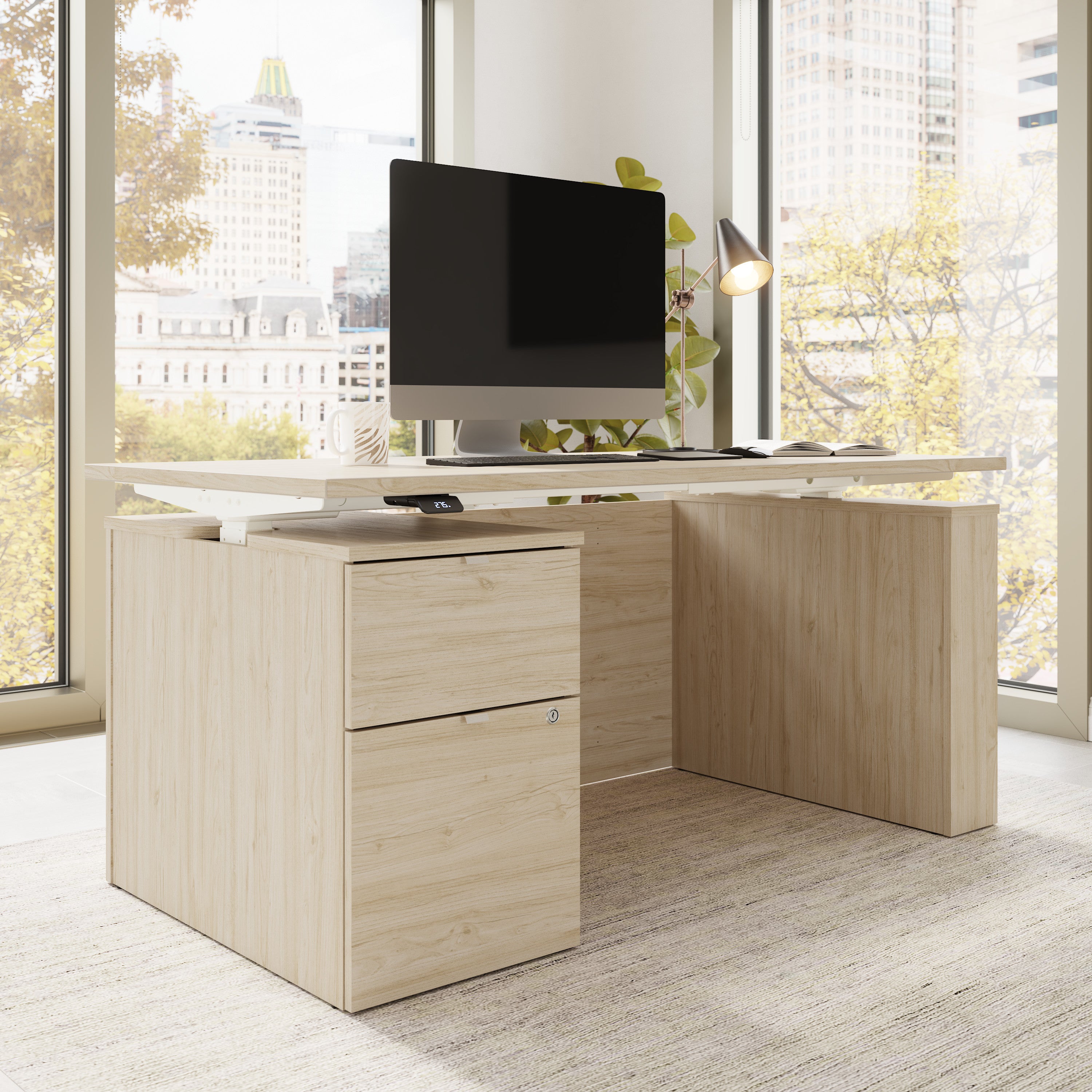 Bush Business Furniture Stratus&nbsp;60W x&nbsp;30D Eletric Height Adjustable Standing Desk with File Cabinet in Natural Elm with White Base - 59.45" Width x 29.37" Depth x 27.44" Height