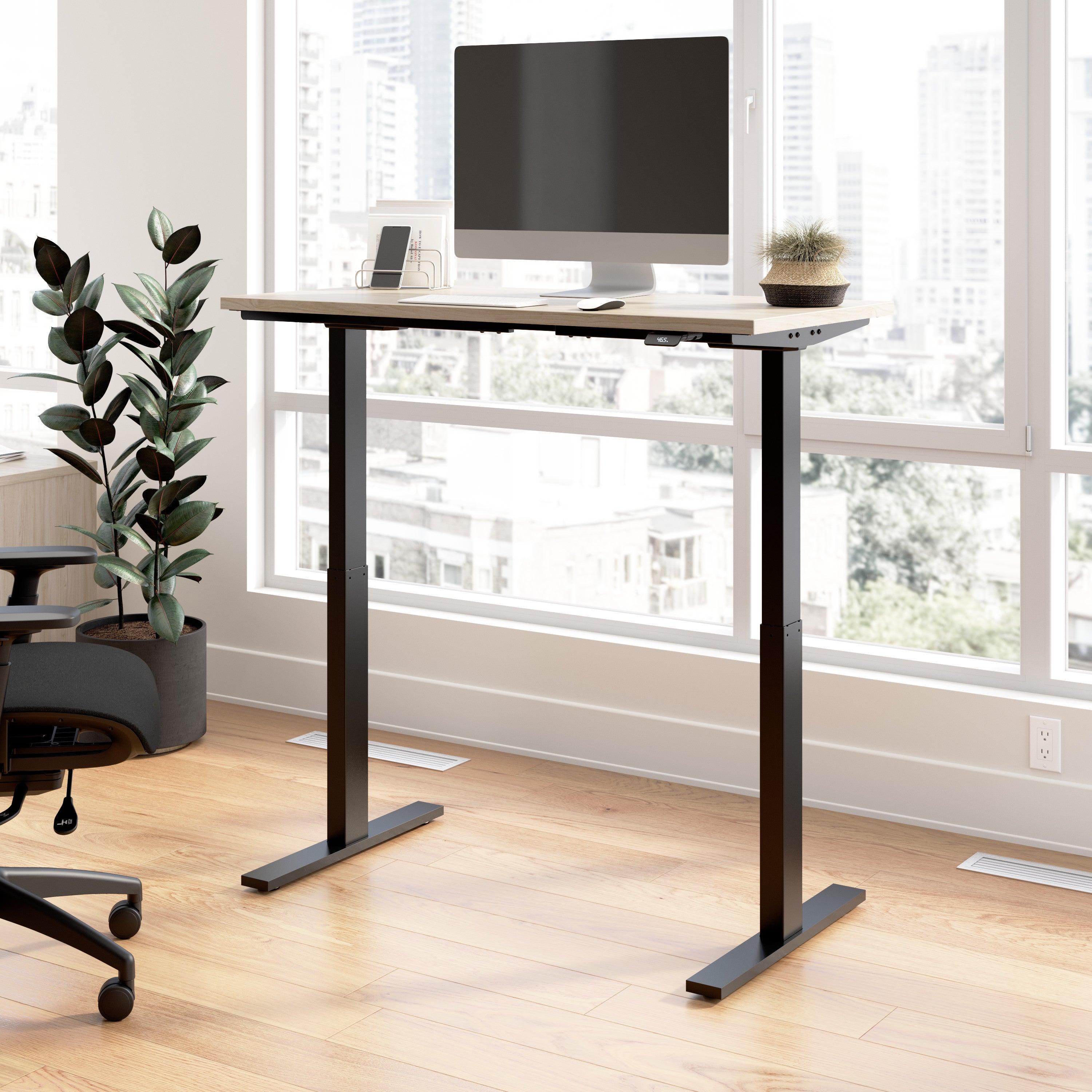 Bush Business Furniture Move 60 Series 48W x 24D Electric Height Adjustable Standing Desk in Natural Elm with Black Base - 47.6" Width x 23.62" Depth x 47.69" Height