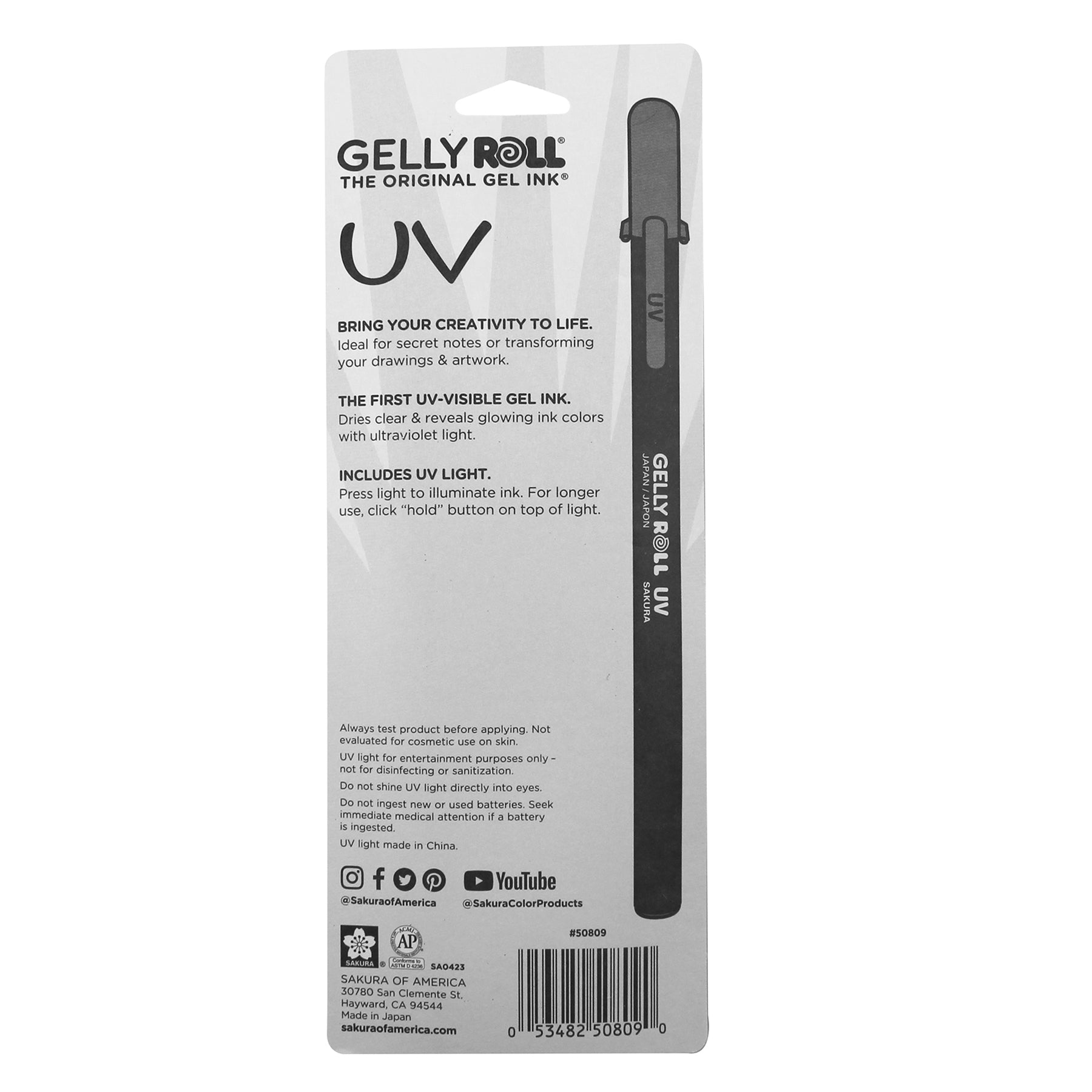 UV Gel Pens, Medium Point, Assorted Colors, 3-Piece Set with UV light, Blister Card