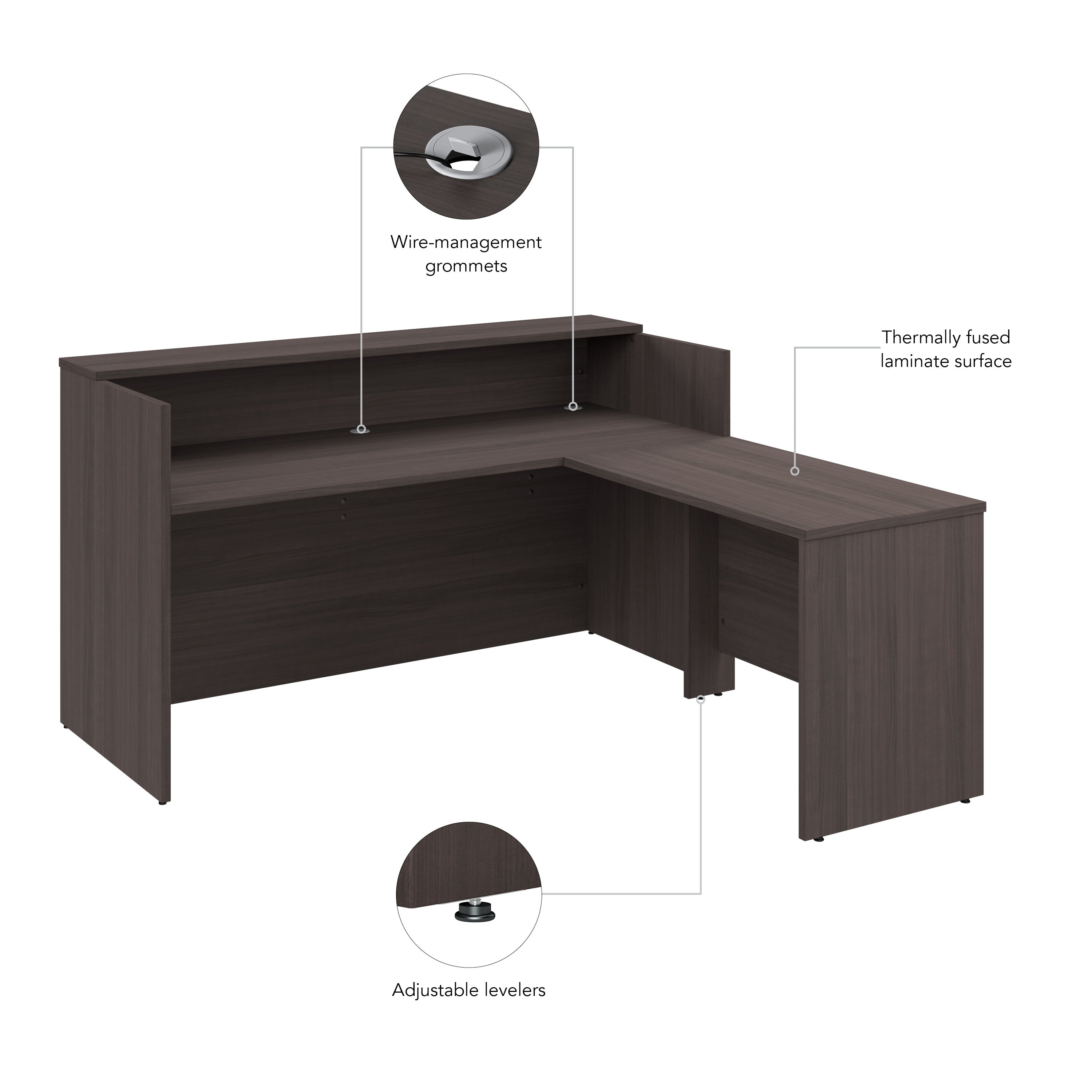 Bush Business Furniture Arrive 72W x 72D L Shaped Reception Desk with Shelf in Storm Gray - 71.02" Width x 71.14" Depth x 40.35" Height