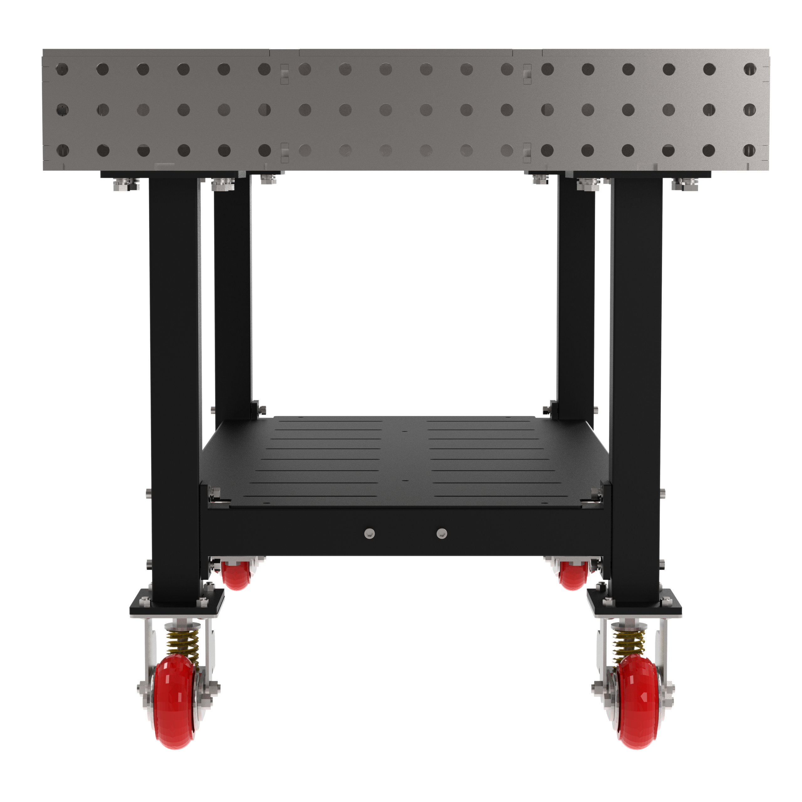 Welding Fixture Table, Fixed Height, 36"H x 60"L x 36"D, 1/4" Carbon Steel Top, Four Black Powdercoat Legs, Shelf, 4 Heavy Duty Suspension Casters (2 Locking/Swiveling Casters and 2 Non-Locking/Non-SwivelingCasters)