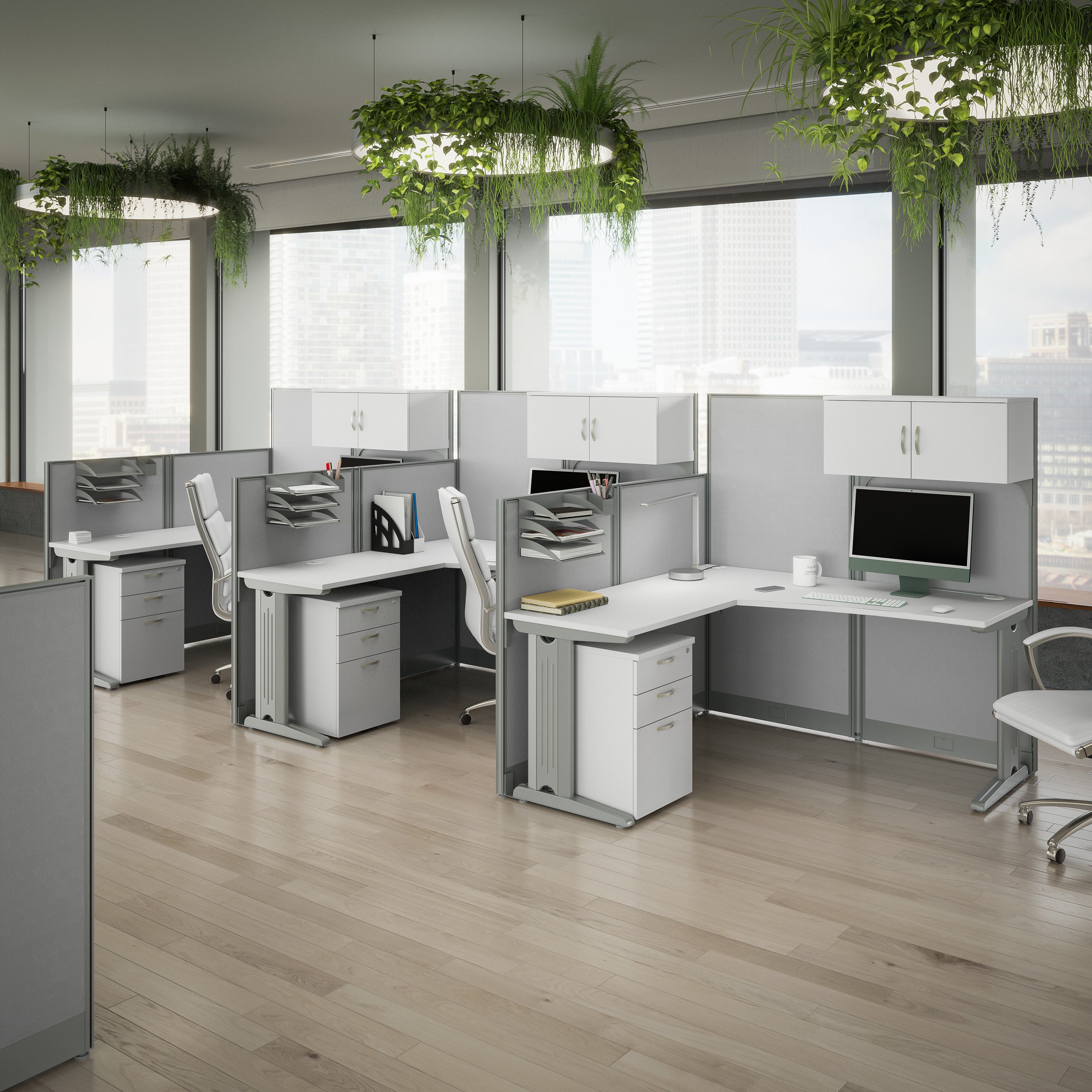 Bush Business Furniture Office in an Hour 3 Person L Shaped Cubicle Desks with Storage, Drawers, and Organizers in Pure White - 193.47" Width x 64.48" Depth x 62.86" Height