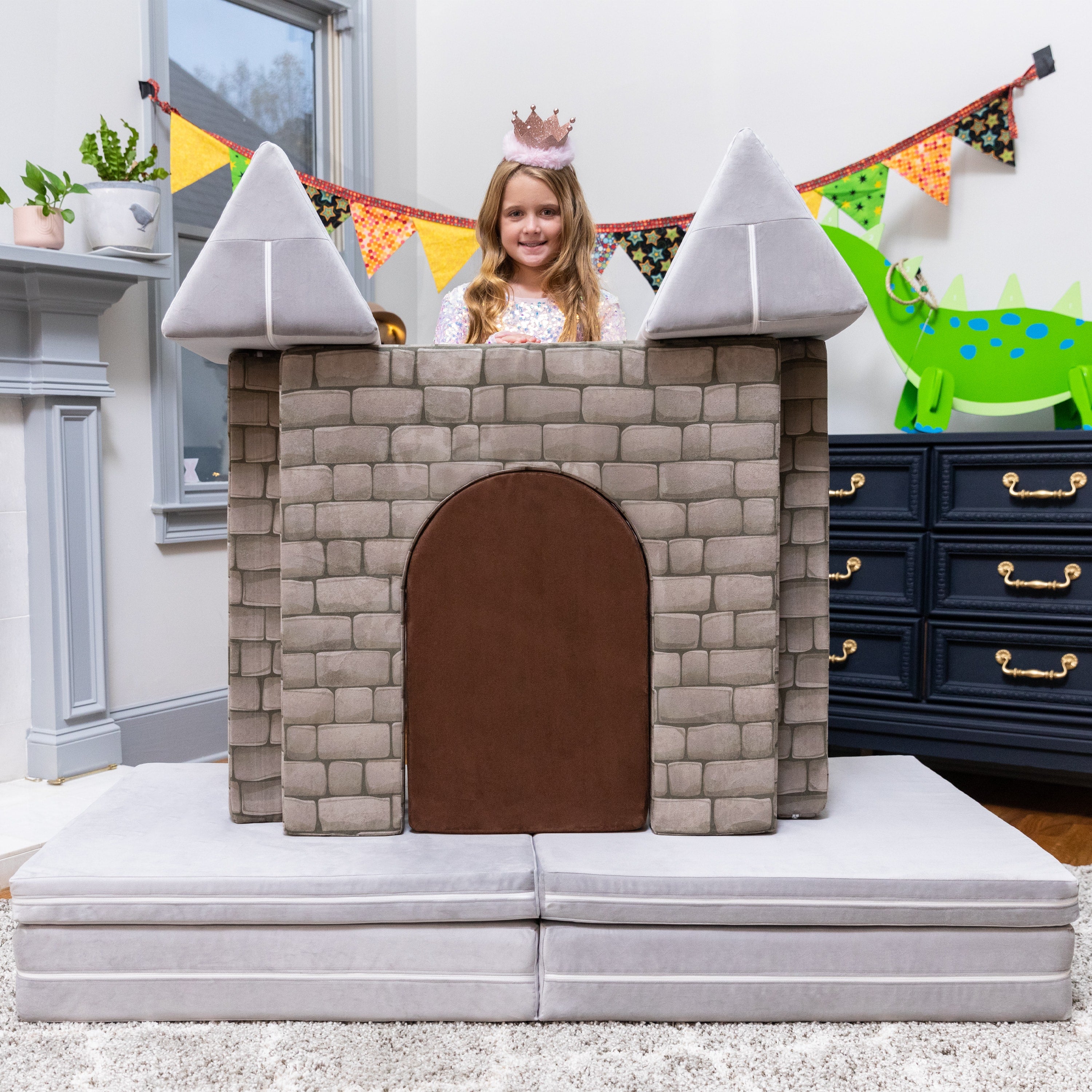 Jaxx Zipline Playscape Castle Gate - Modular Playtime Furniture for Imaginative Kids - Prints, Stone/Chocolate