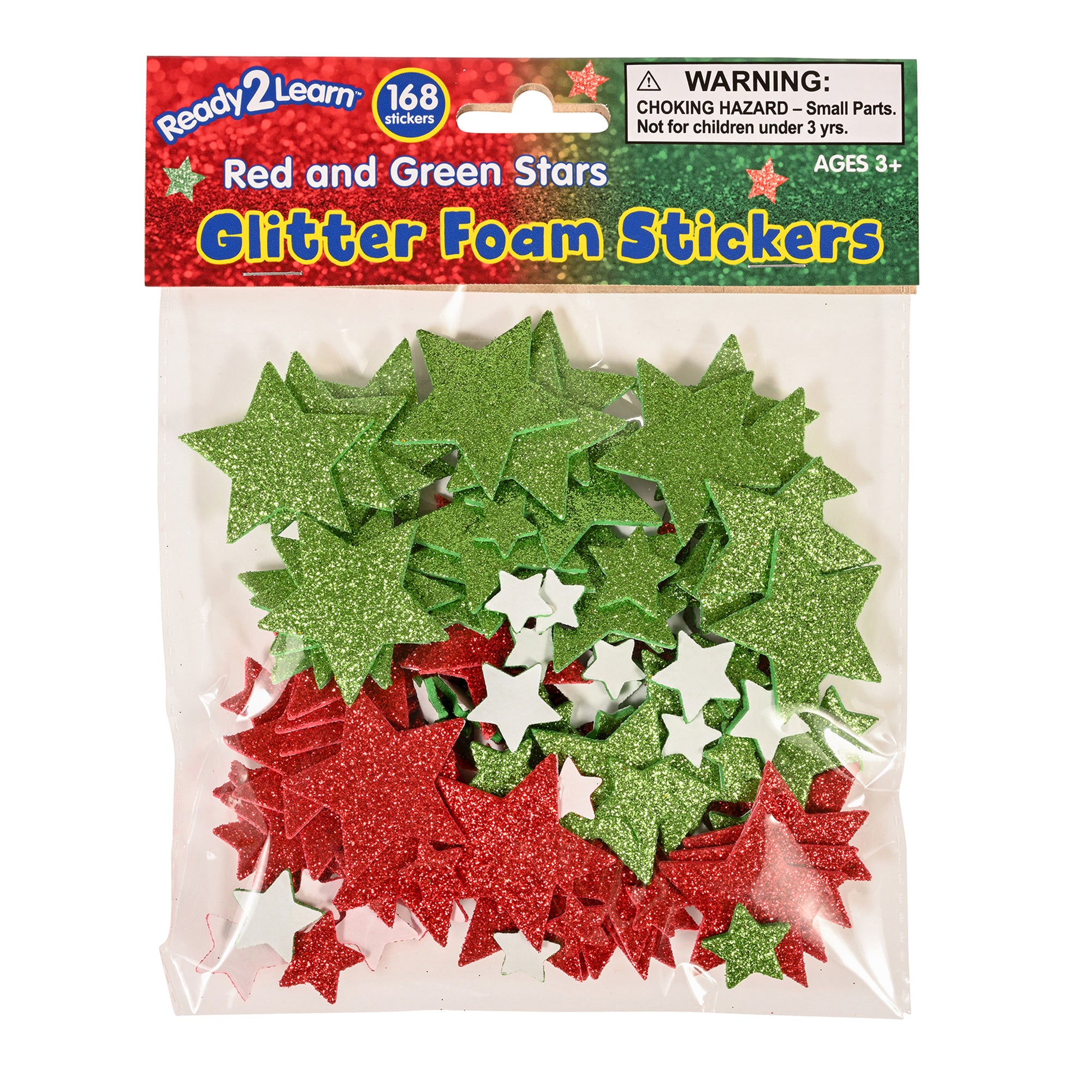 Glitter Foam Stickers, Stars, Red and Green, 168 Pieces Per Pack, 3 Packs