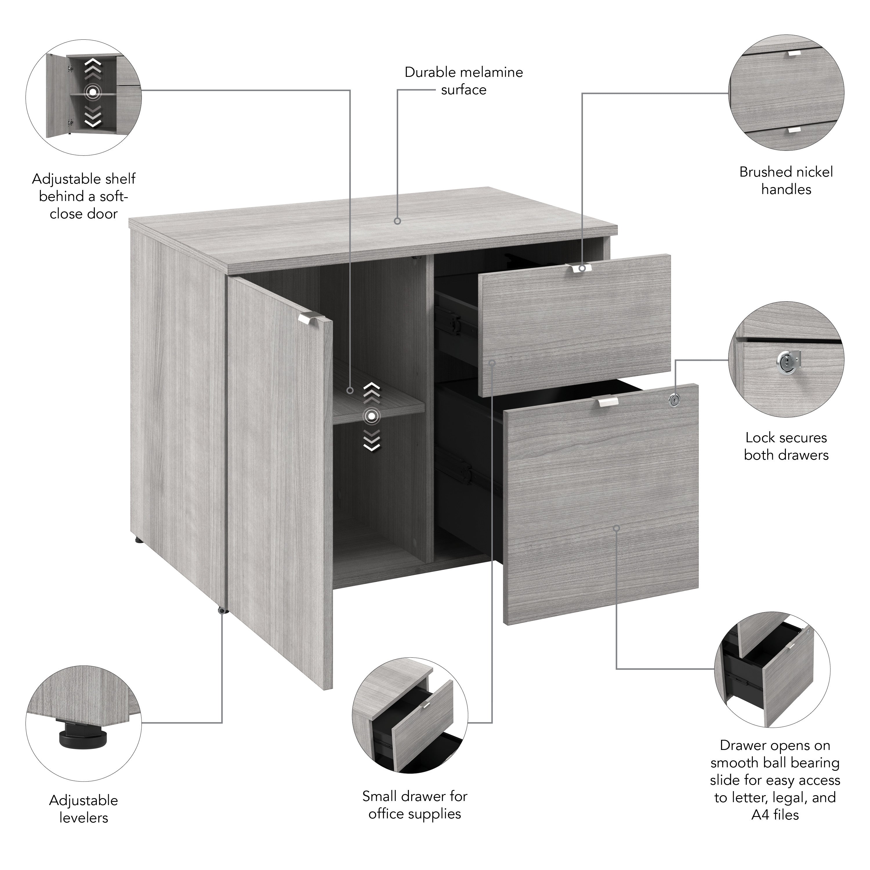 Bush Business Furniture Stratus&nbsp;30W Office Storage Cabinet with Drawers in Platinum Gray - 31.26" Width x 19.61" Depth x 24.15" Height