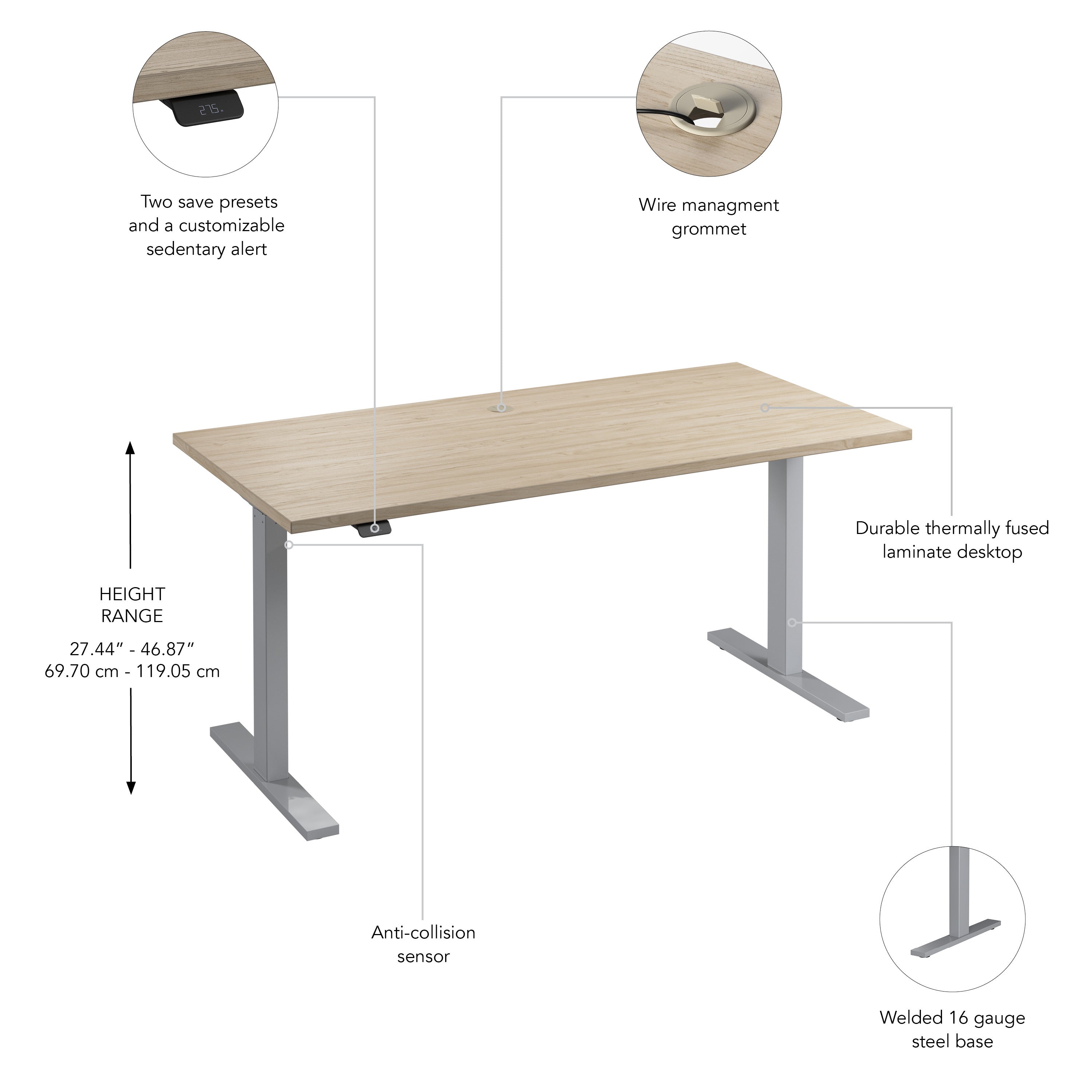 Bush Business Furniture Move 60 Series 60W x 30D Electric Height Adjustable Standing Desk in Natural Elm with Metallic Gray Base - 59.45" Width x 29.37" Depth x 47.69" Height