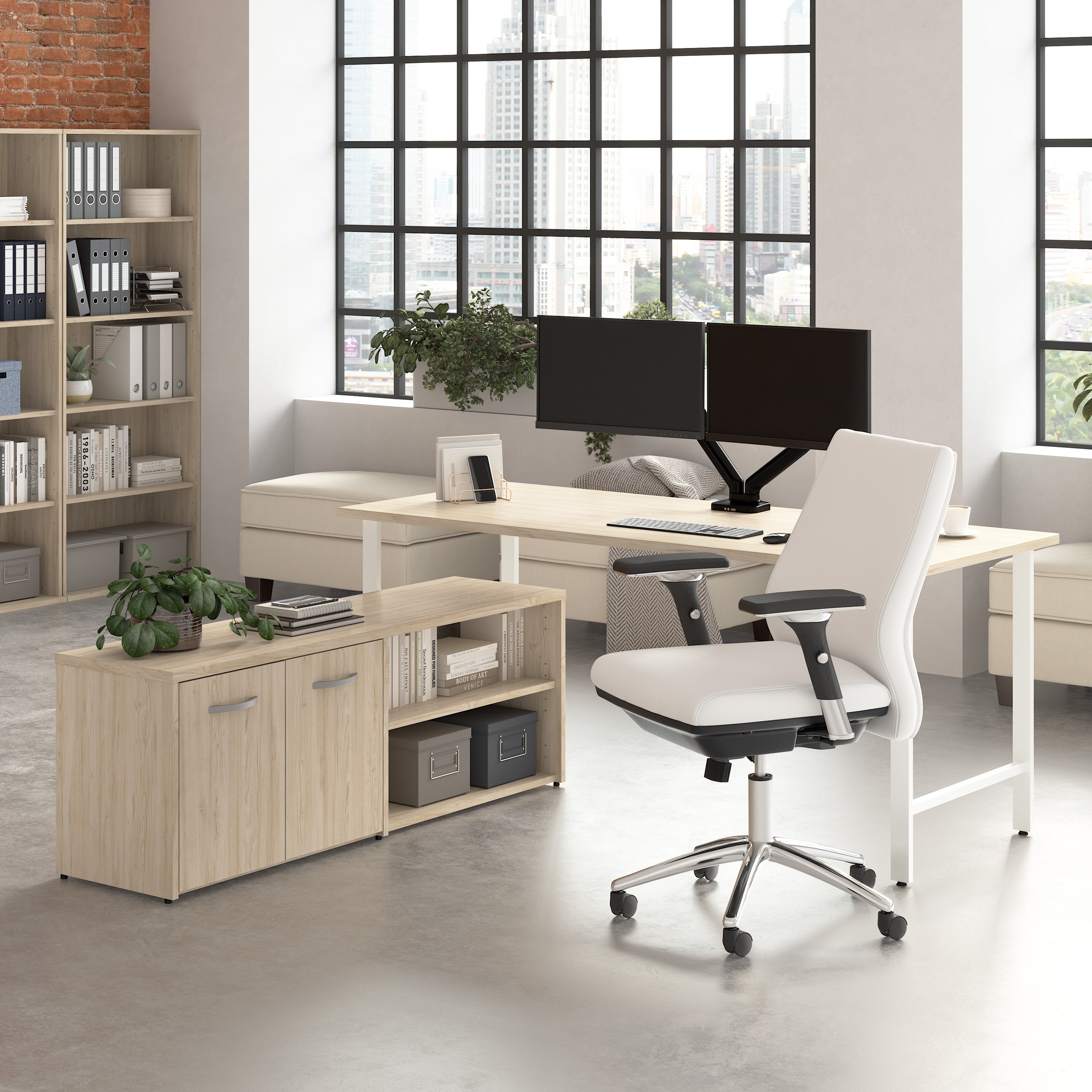 Bush Business Furniture Hustle 72W x 30D Computer Desk and Low Storage Cabinet with Doors and Shelves in Natural Elm - 71.02" Width x 88.54" Depth x 30.07" Height
