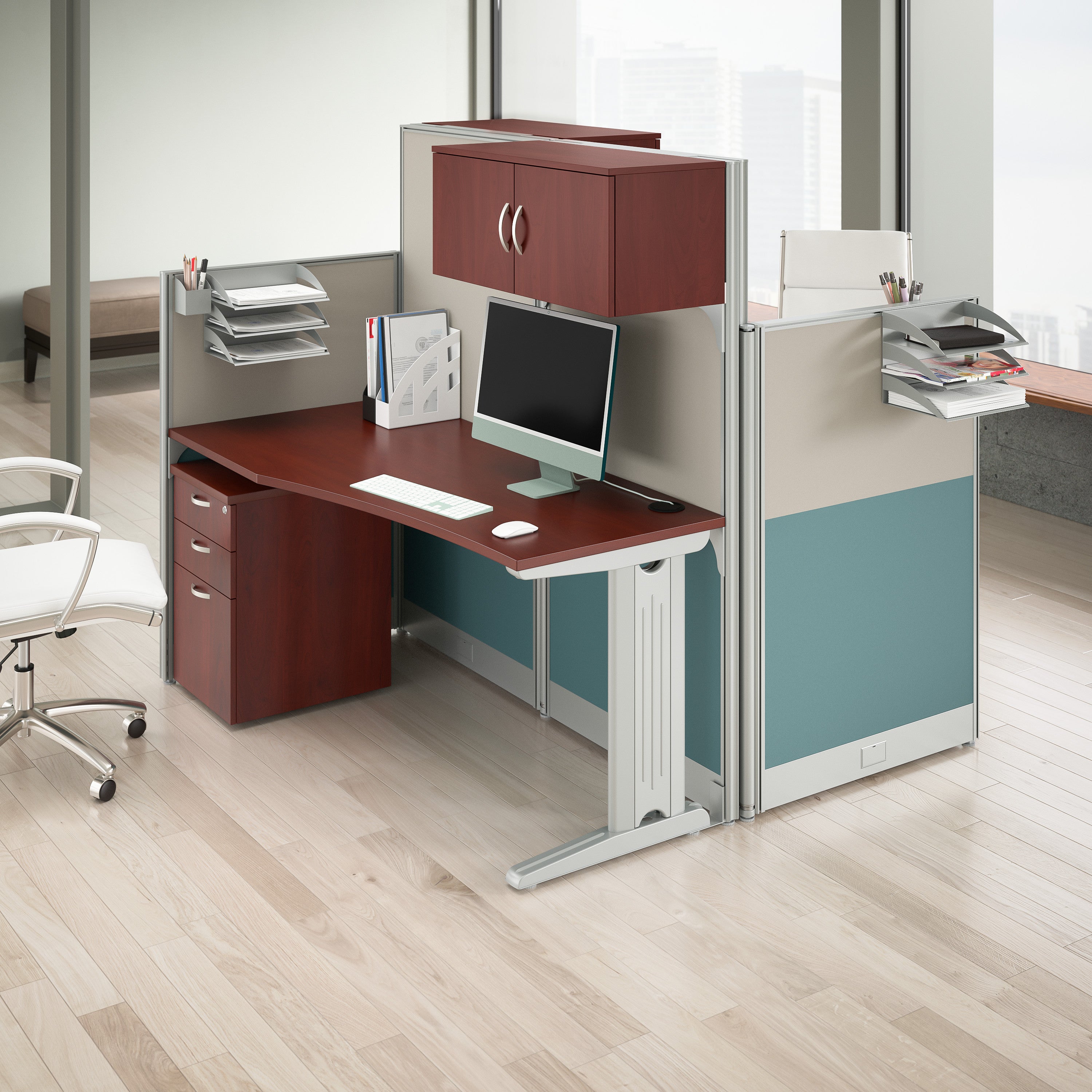 Bush Business Furniture Office in an Hour 2 Person Straight Cubicle Desks with Storage, Drawers, and Organizers in Hansen Cherry - 128.98" Width x 32.24" Depth x 62.87" Height